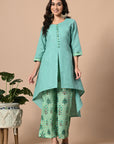 Blue Green Asymmetric Kurta and Pant Set_1_Trisukh Clothing
