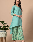 Blue Green Asymmetric Kurta and Pant Set_2_Trisukh Clothing