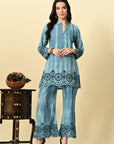 Blue Rayon Tie & Die Embroidered Coord Set_1_Trisukh Clothing