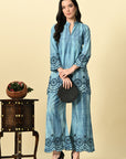 Blue Rayon Tie & Die Embroidered Coord Set_3_Trisukh Clothing
