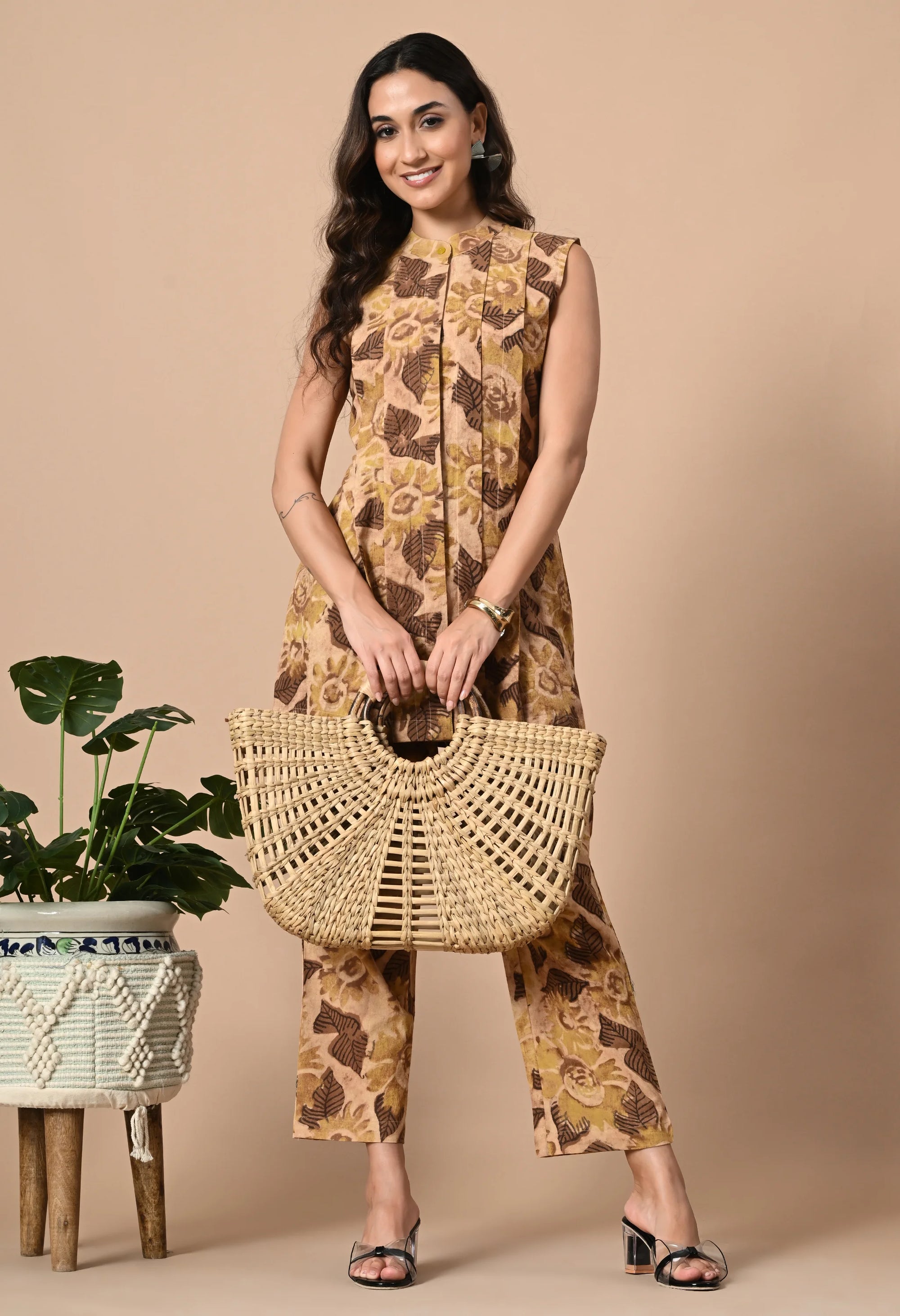 Beige Pleated Kurta Coord Set_1_Trisukh Clothing
