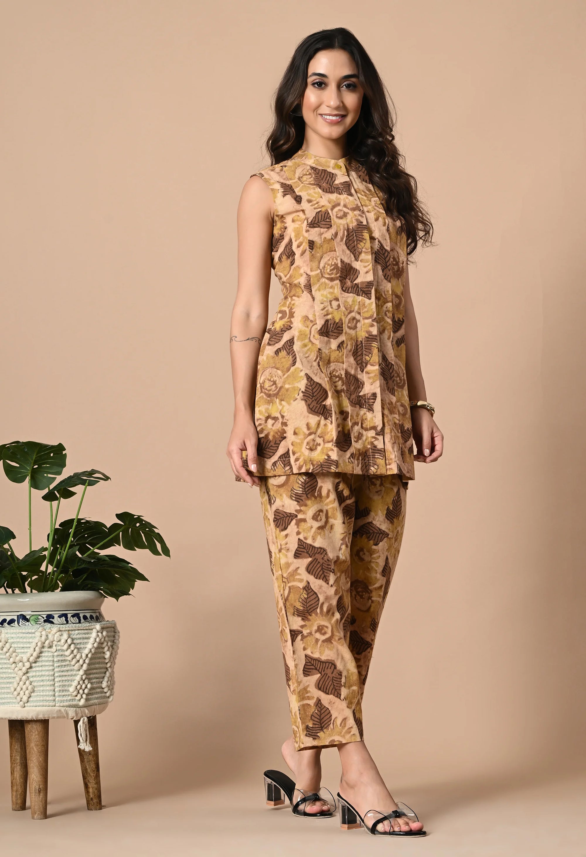 Beige Pleated Kurta Coord Set_4_Trisukh Clothing 