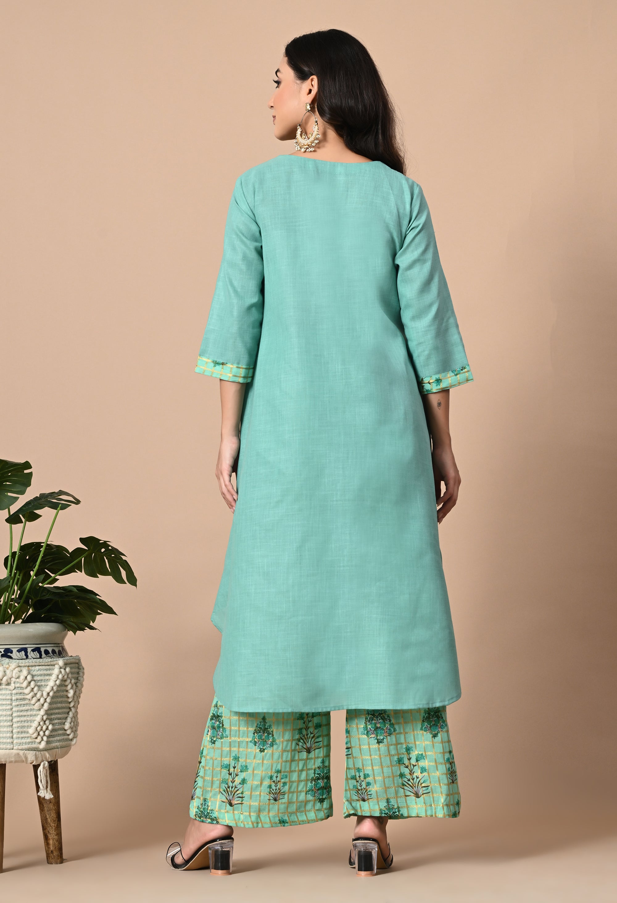 Blue Green Asymmetric Kurta and Pant Set_5_Trisukh Clothing