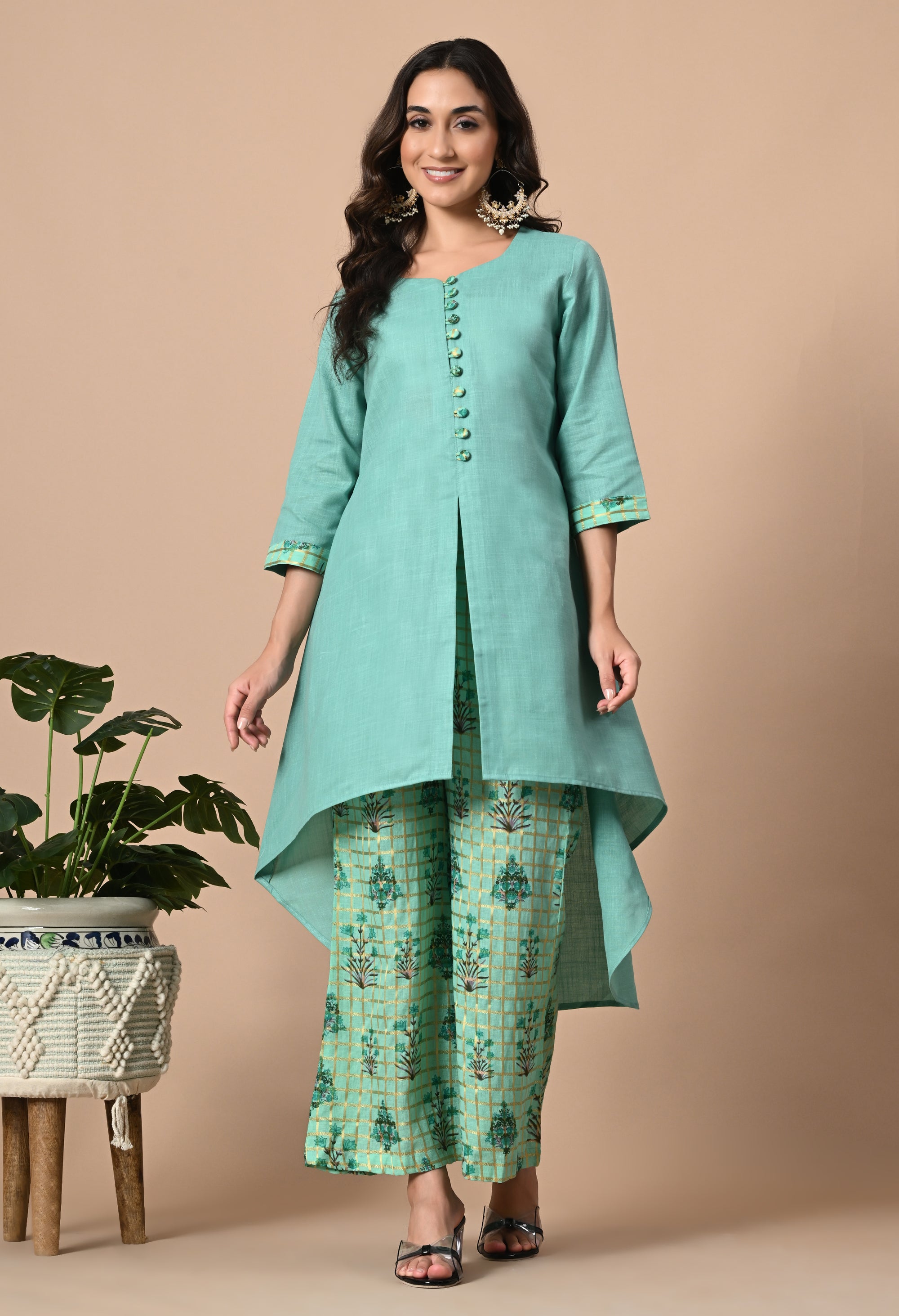 Blue Green Asymmetric Kurta and Pant Set_1_Trisukh Clothing 