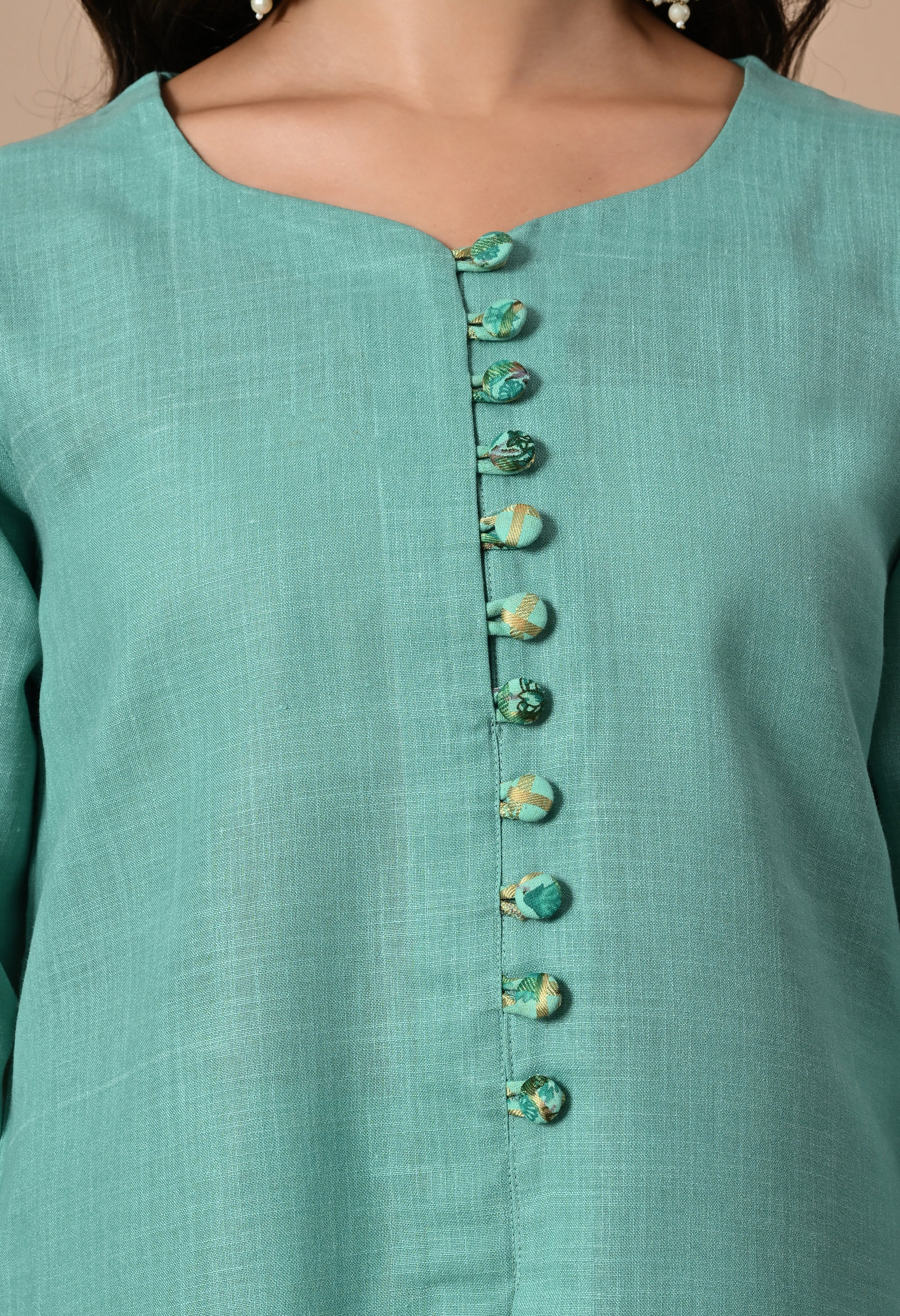 Blue Green Asymmetric Kurta and Pant Set_6_Trisukh Clothing 