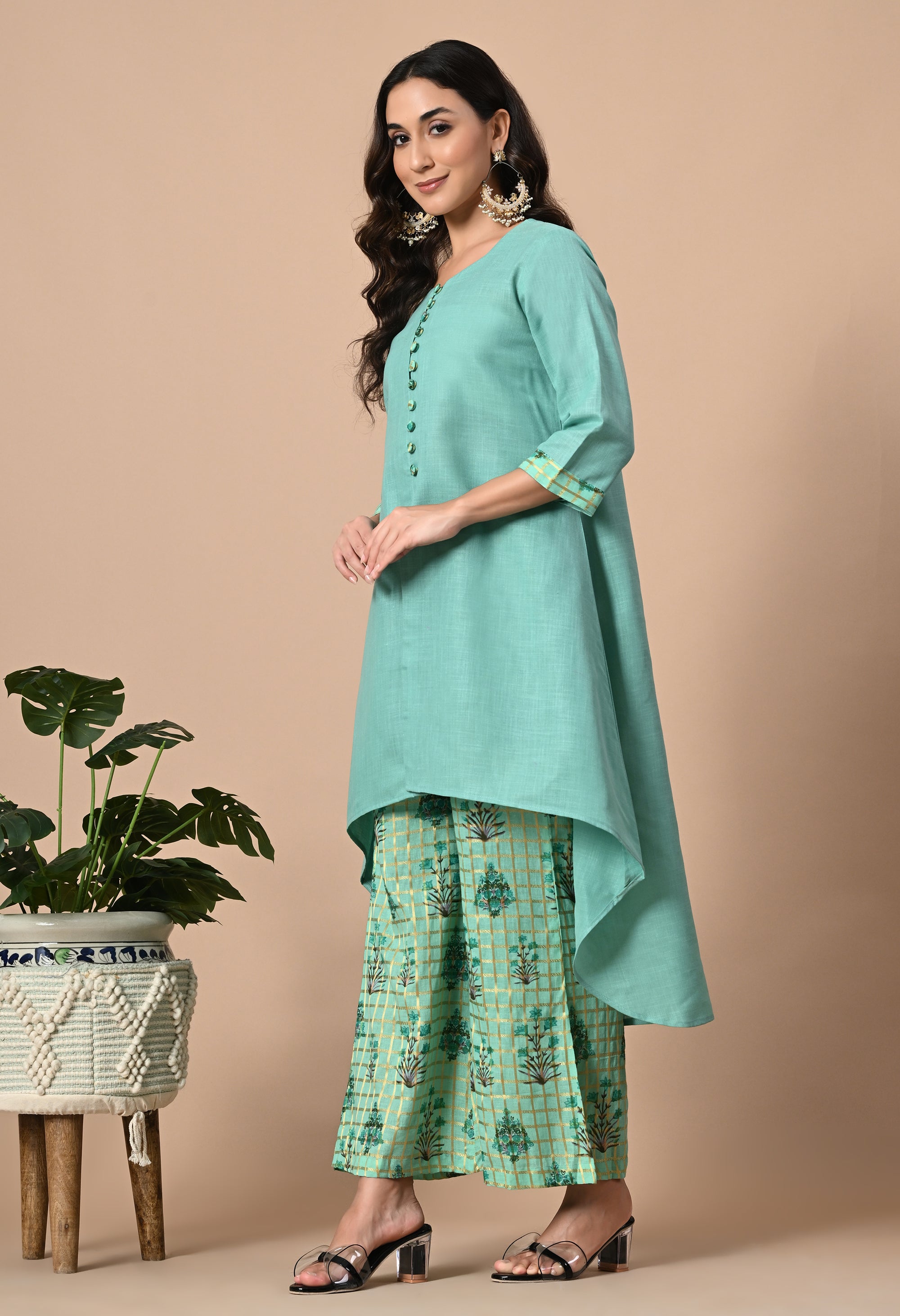 Blue Green Asymmetric Kurta and Pant Set_3_Trisukh Clothing 
