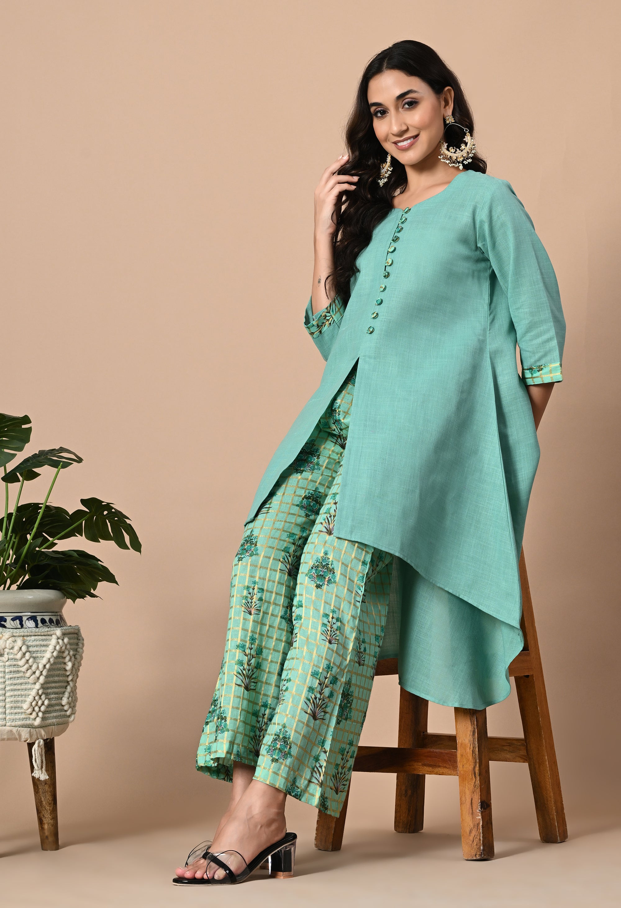 Blue Green Asymmetric Kurta and Pant Set_4_Trisukh Clothing 