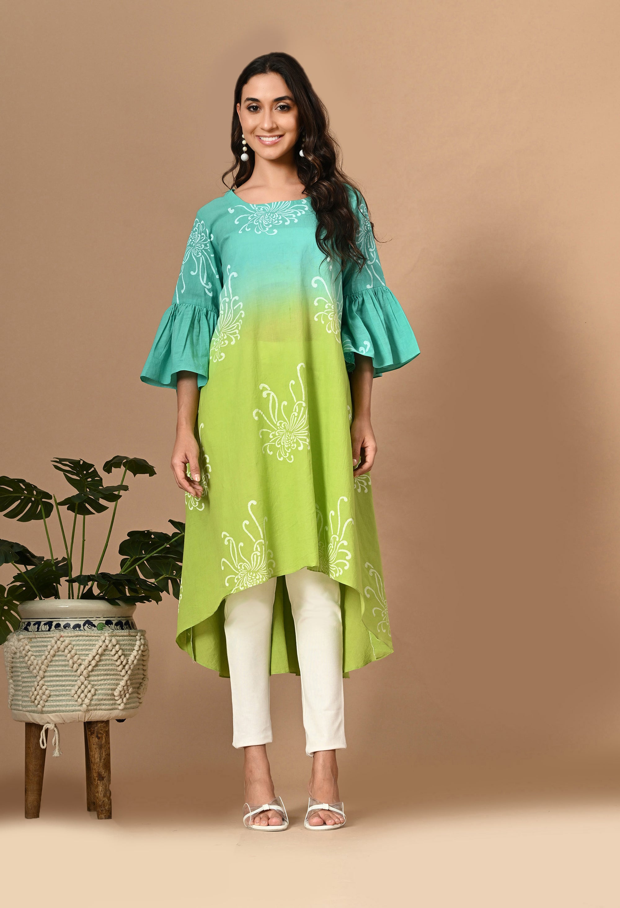 Blue Green Asymmetric Ombre Kurta_1_Trisukh Clothing 
