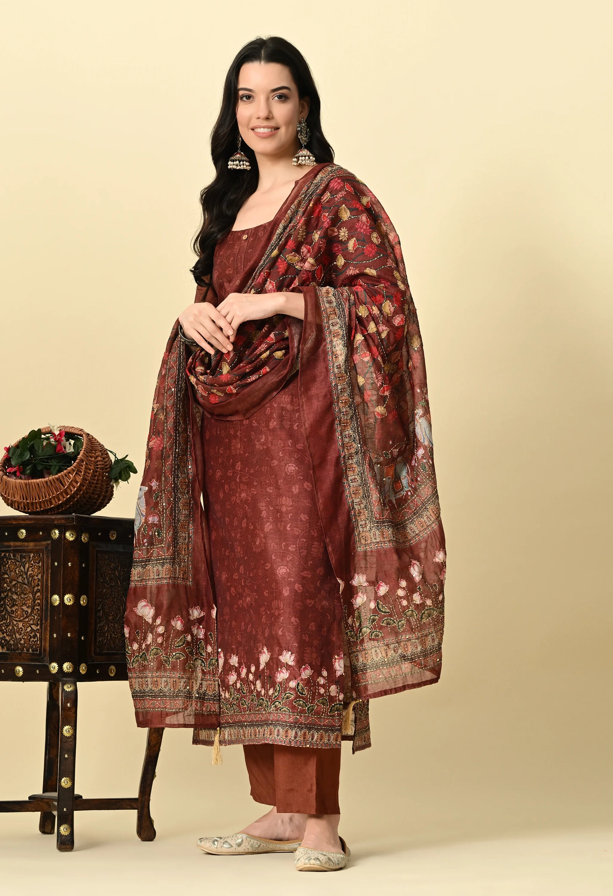 Brown Chanderi Print Kurta Set_1_Trisukh Clothing 