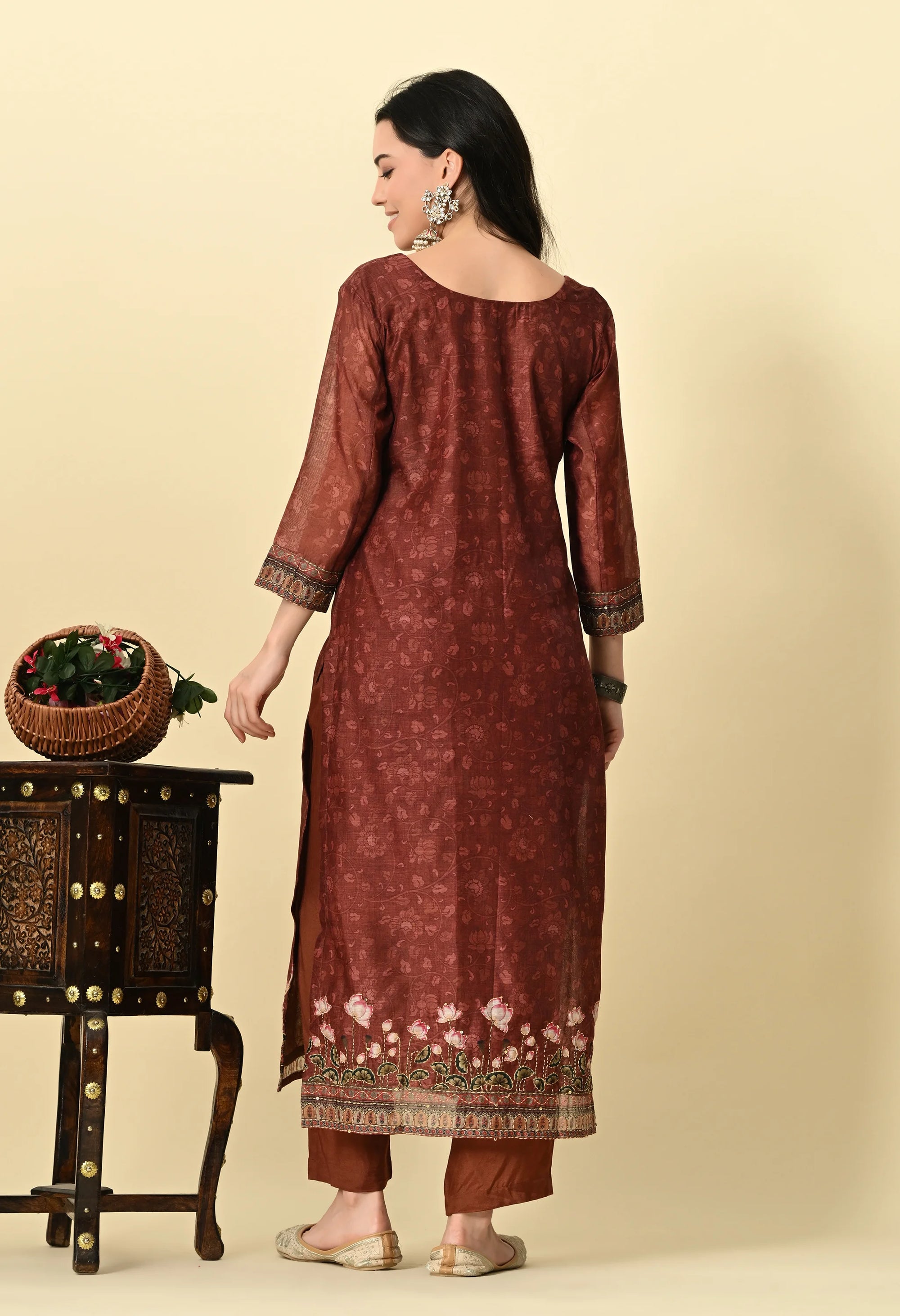 Brown Chanderi Print Kurta Set_3_Trisukh Clothing 