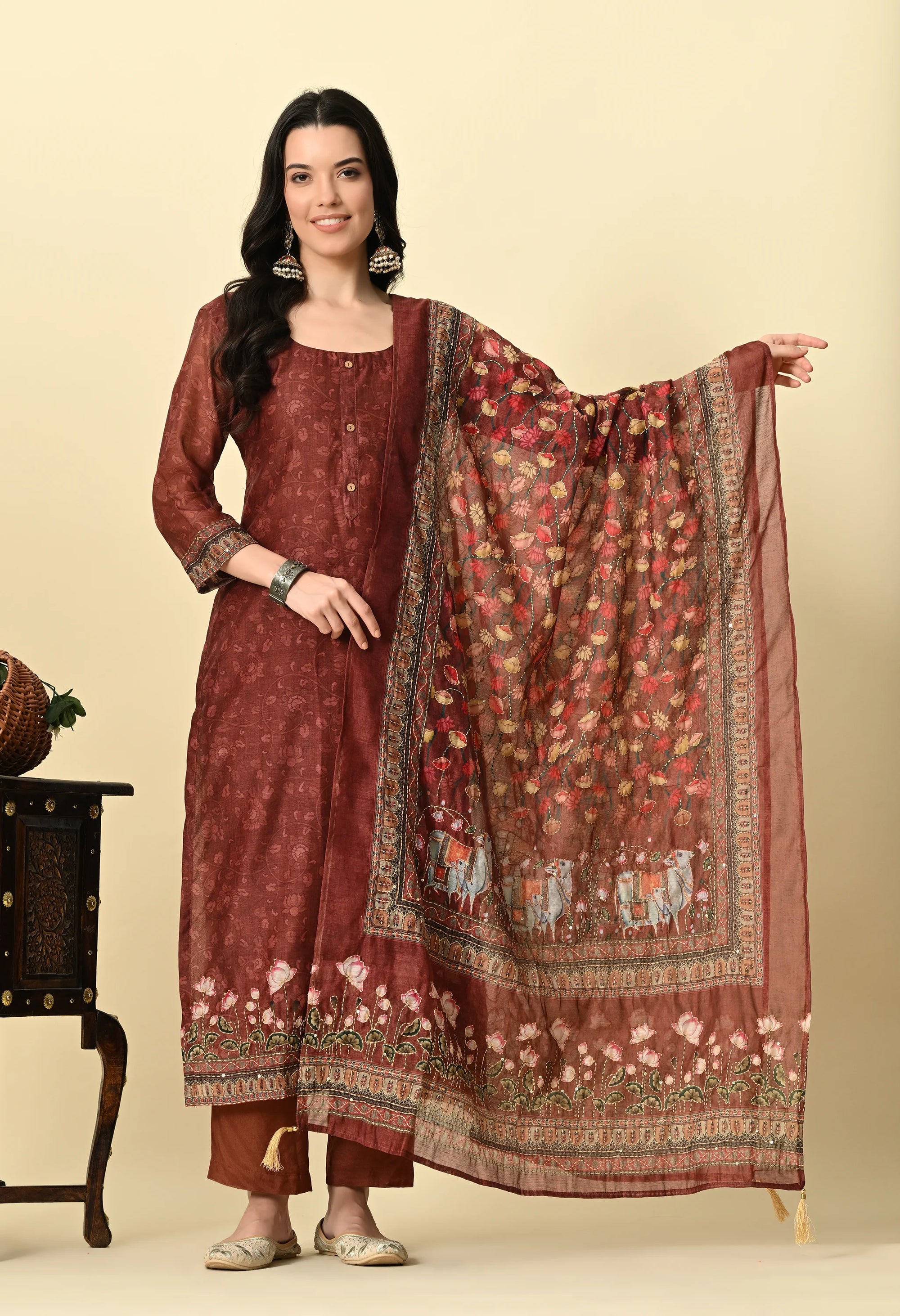 Brown Chanderi Print Kurta Set_4_Trisukh Clothing 