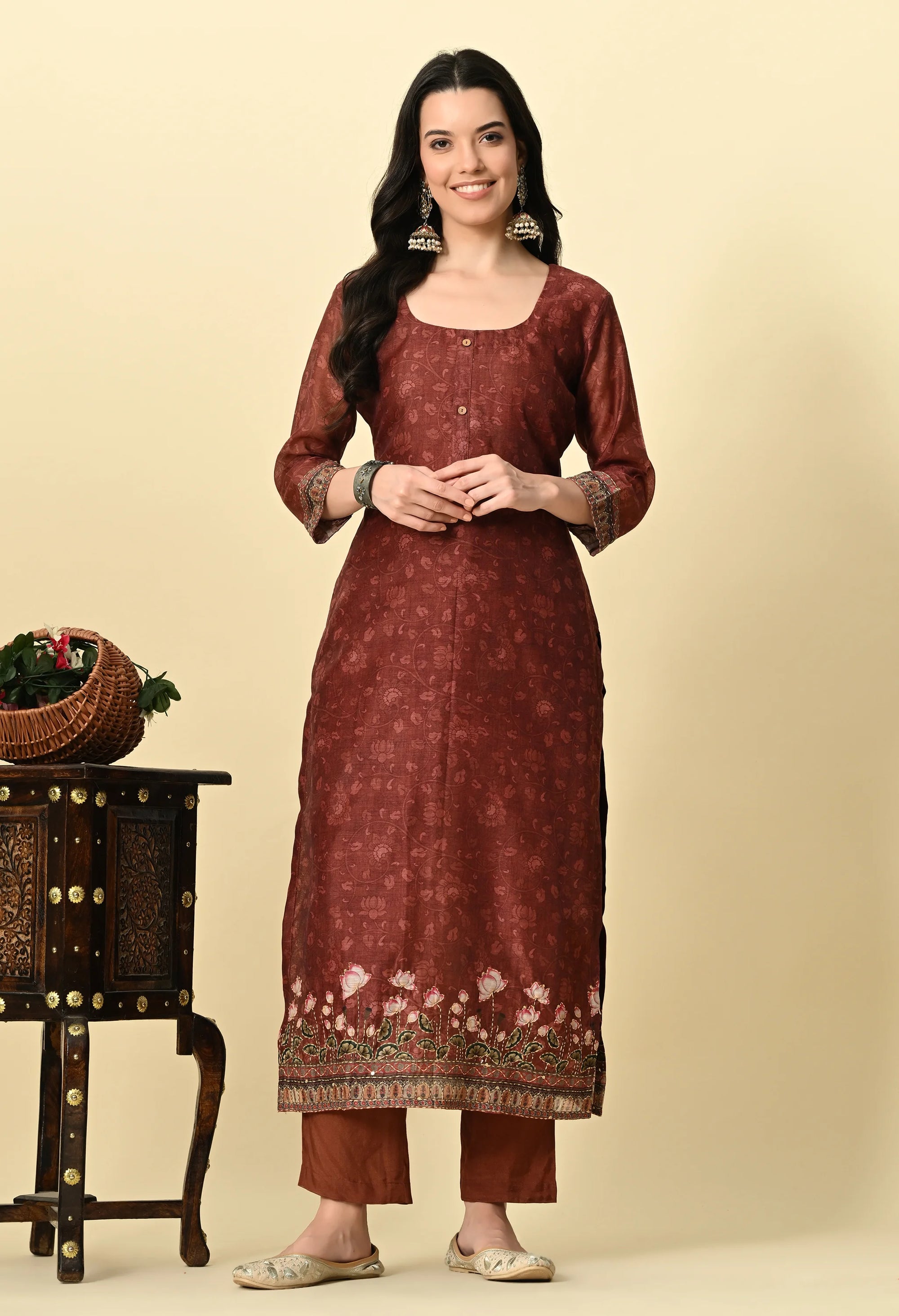 Brown Chanderi Print Kurta Set_5_Trisukh Clothing 