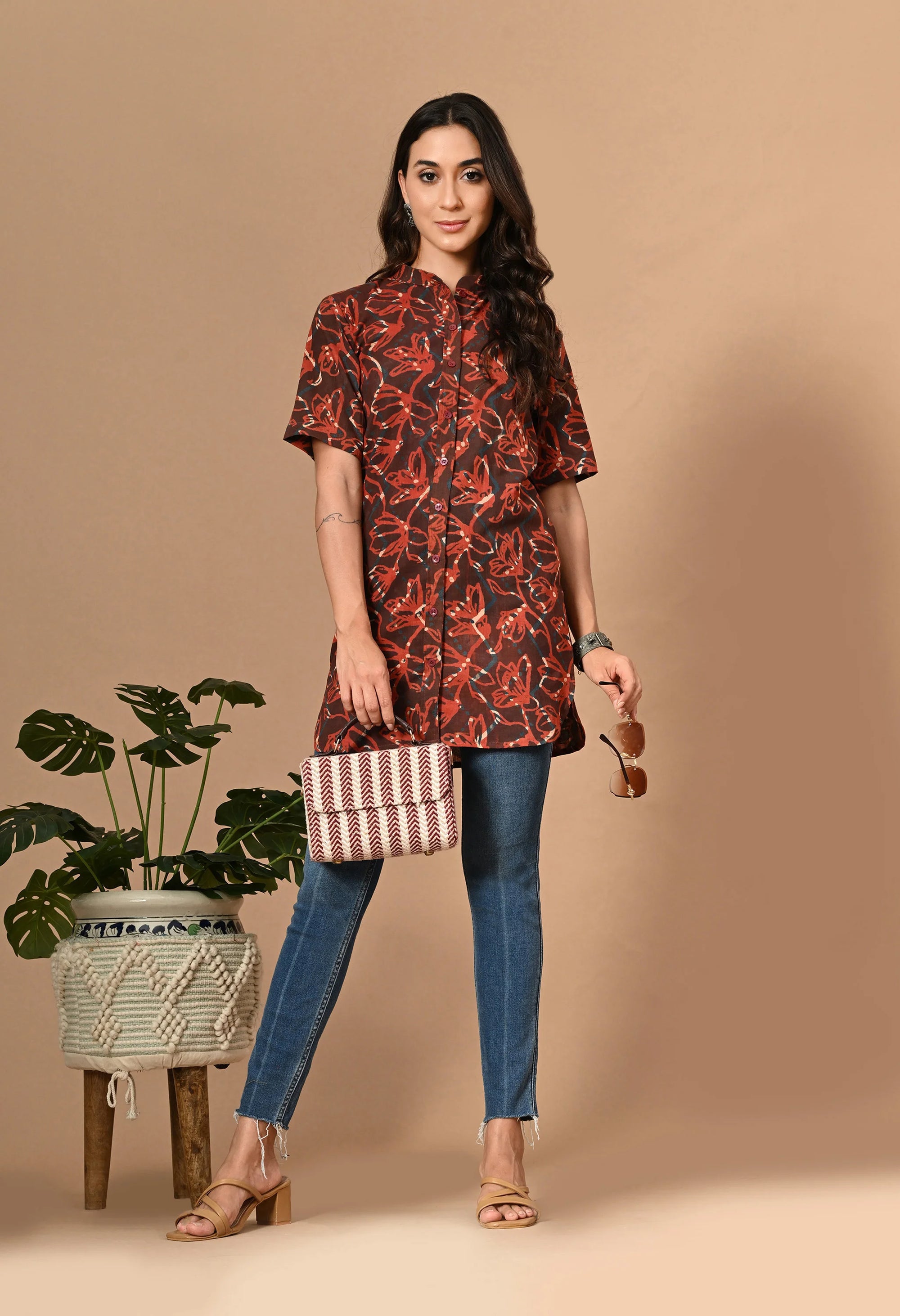 Brown Short Kurti with Collar_1_Trisukh Clothing 