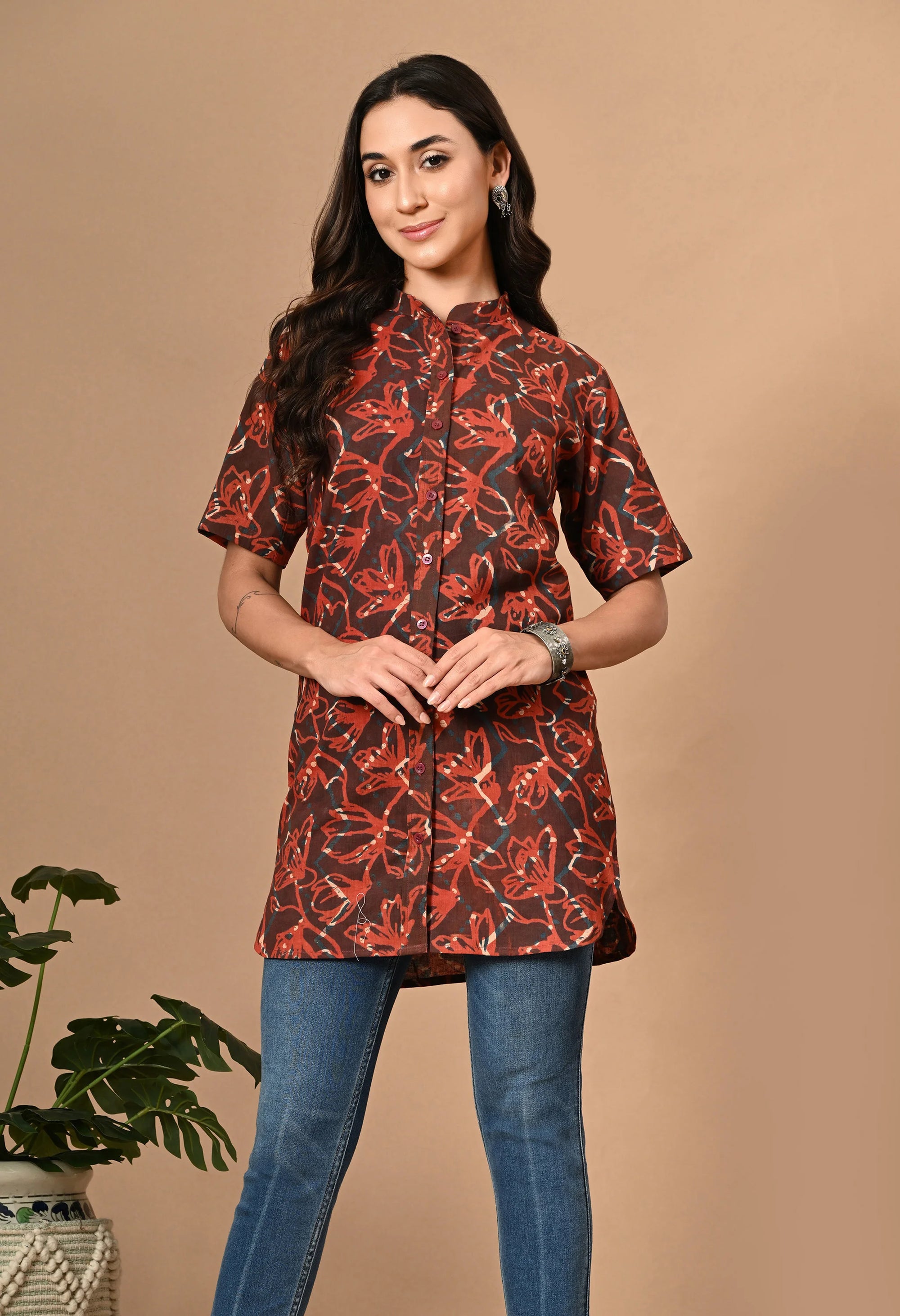 Brown Short Kurti with Collar_2_Trisukh Clothing 
