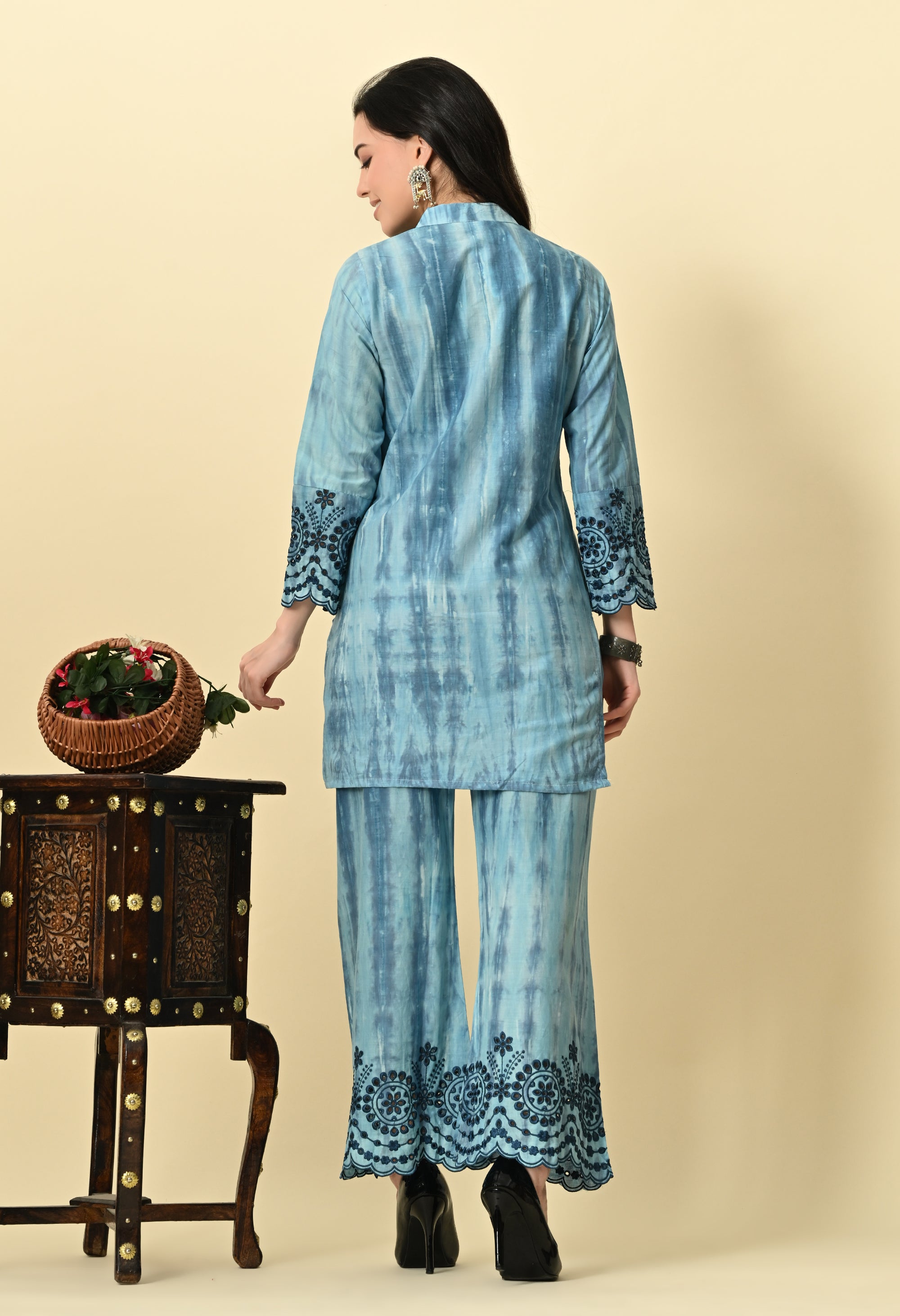 Blue Rayon Tie & Die Embroidered Coord Set_5_Trisukh Clothing 