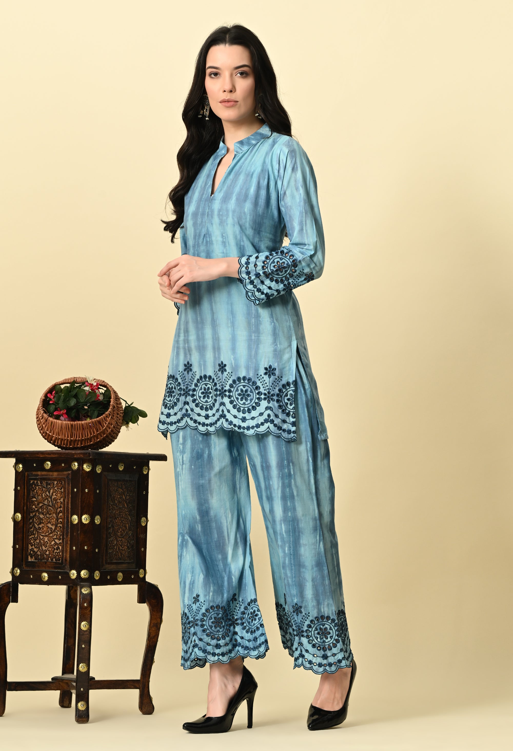 Blue Rayon Tie & Die Embroidered Coord Set_2_Trisukh Clothing 