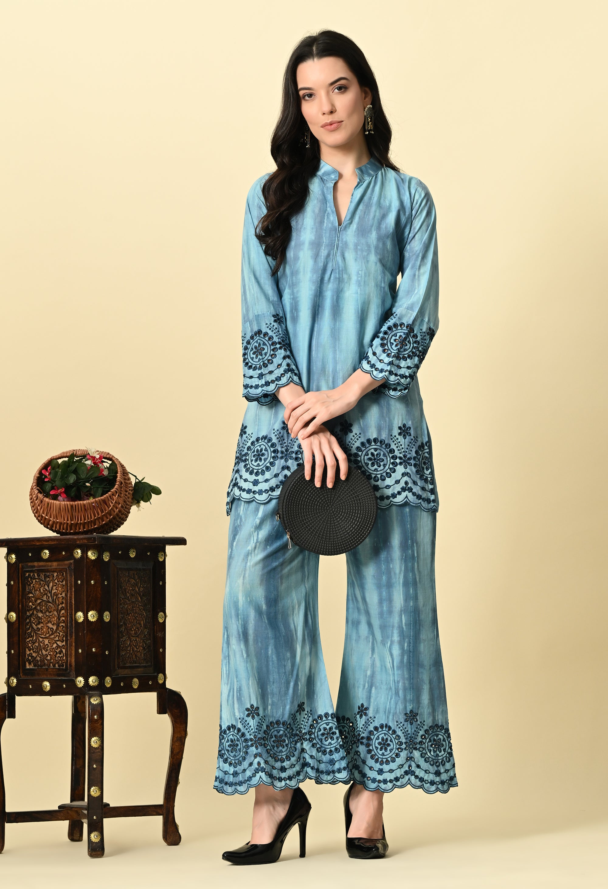 Blue Rayon Tie & Die Embroidered Coord Set_3_Trisukh Clothing 
