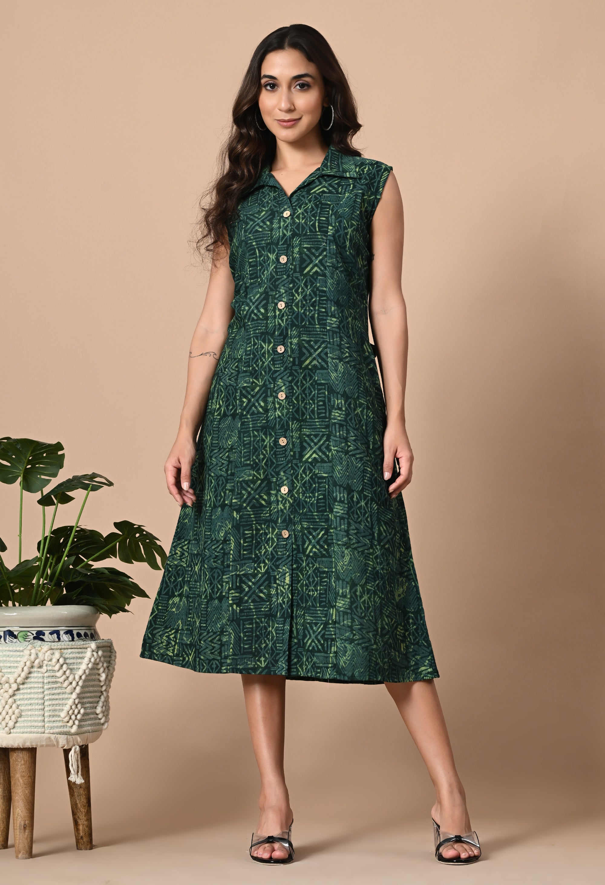 Emerald Green Button Down Dress_1_Trisukh Clothing 