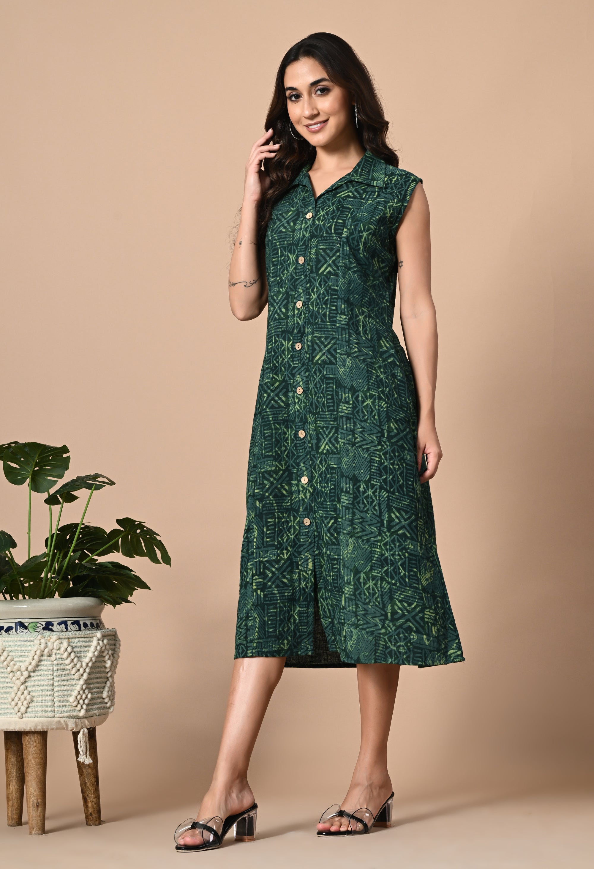 Emerald Green Button Down Dress_3_Trisukh Clothing 