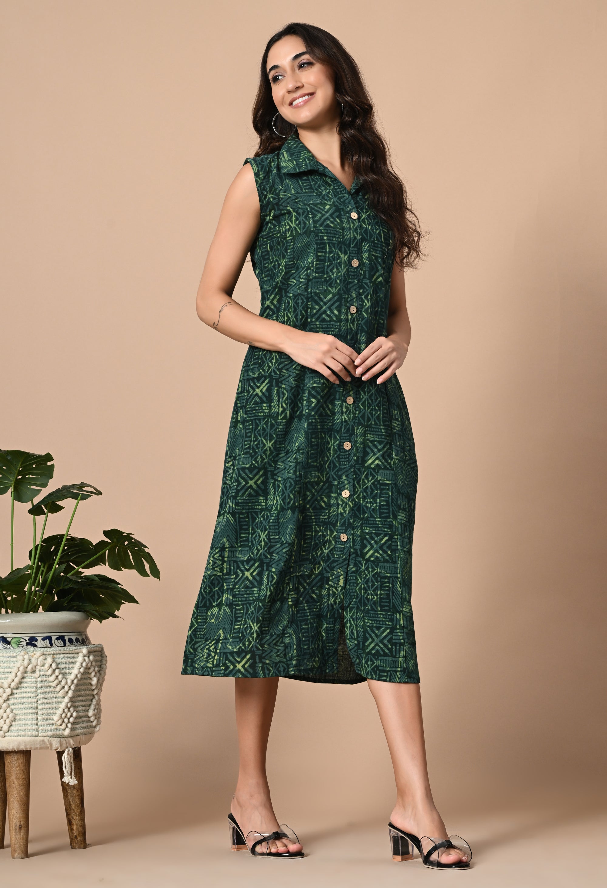 Emerald Green Button Down Dress_2_Trisukh Clothing 