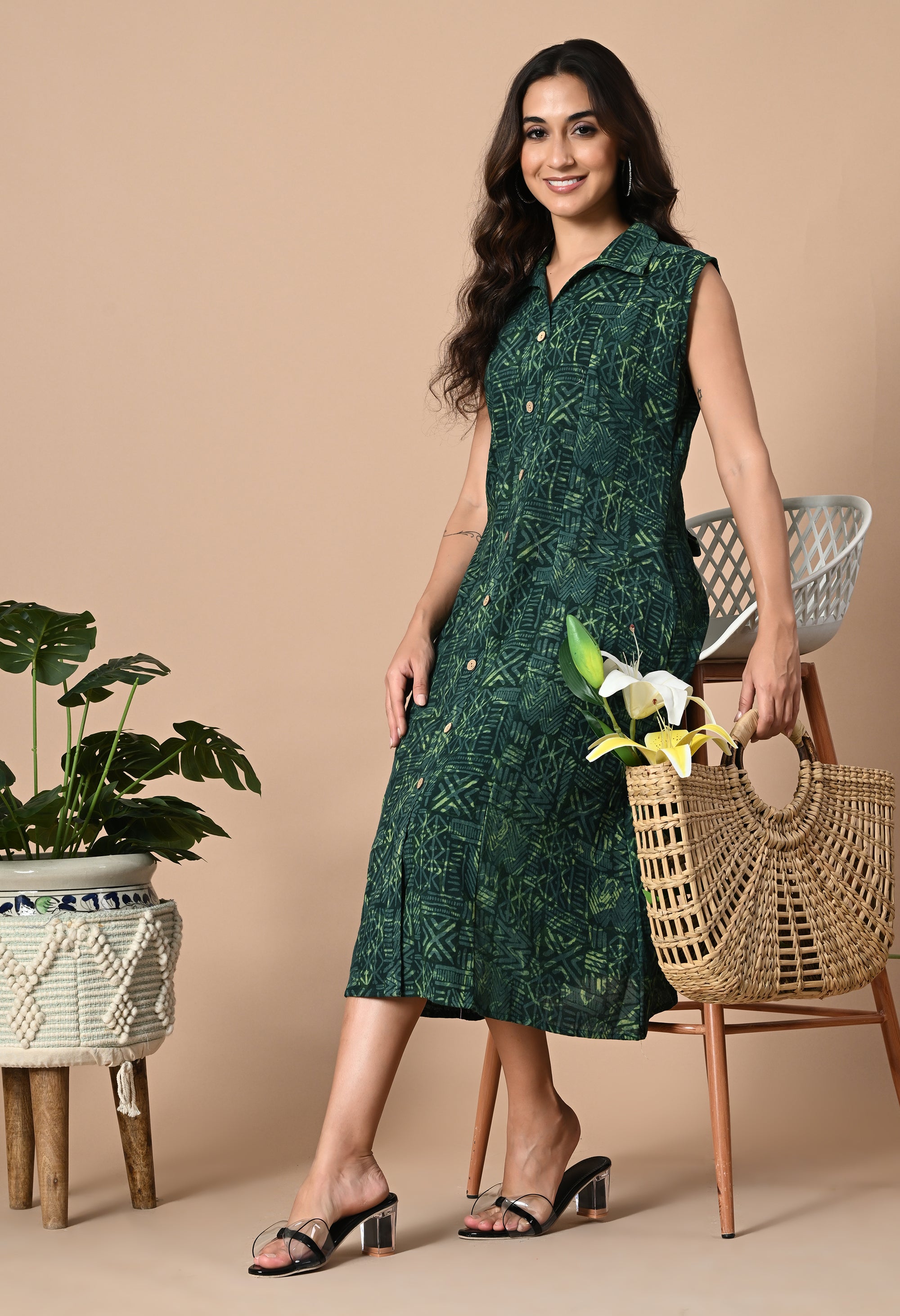 Emerald Green Button Down Dress_4_Trisukh Clothing 
