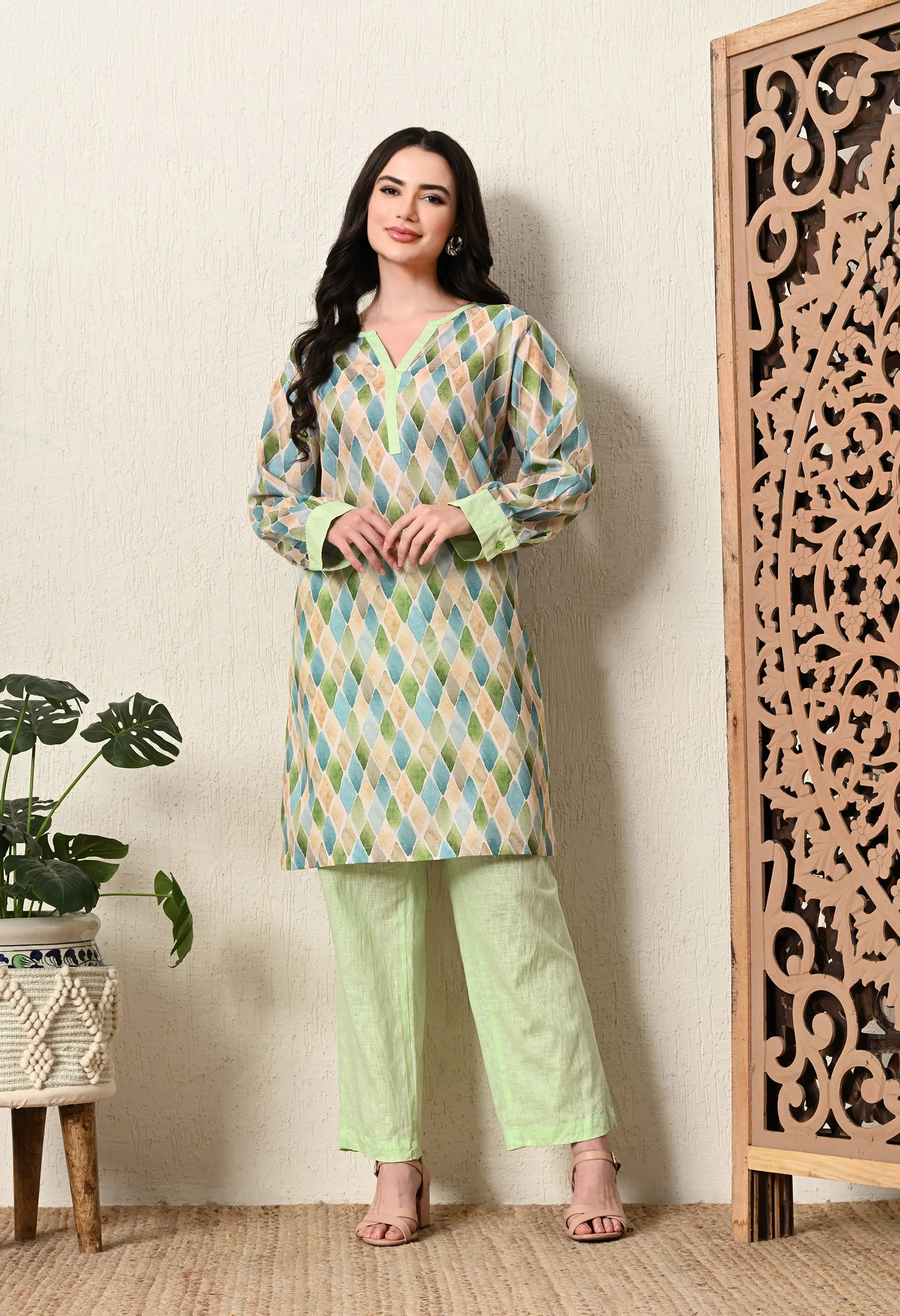 Green Linen Kurta Set_1_Trisukh Clothing 