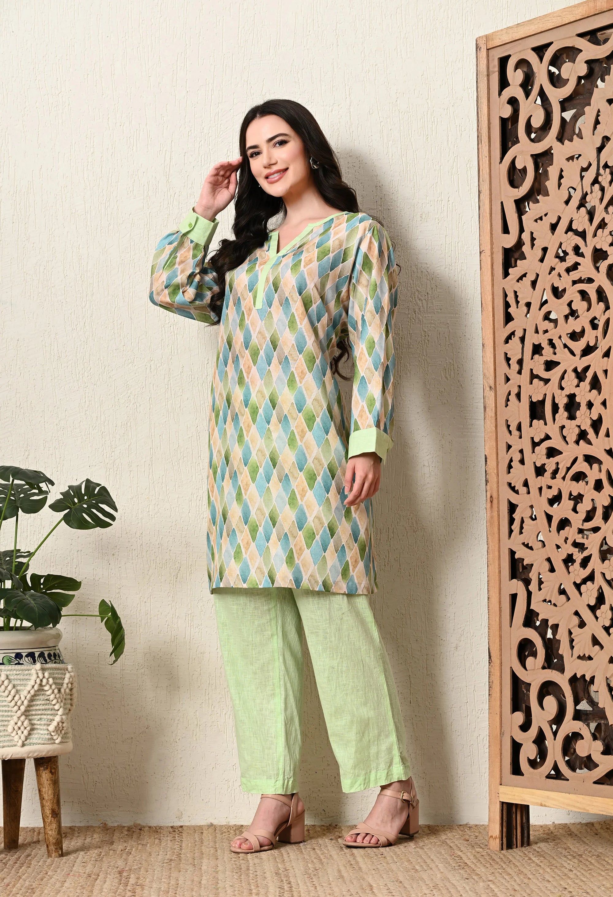 Green Linen Kurta Set_3_Trisukh Clothing 
