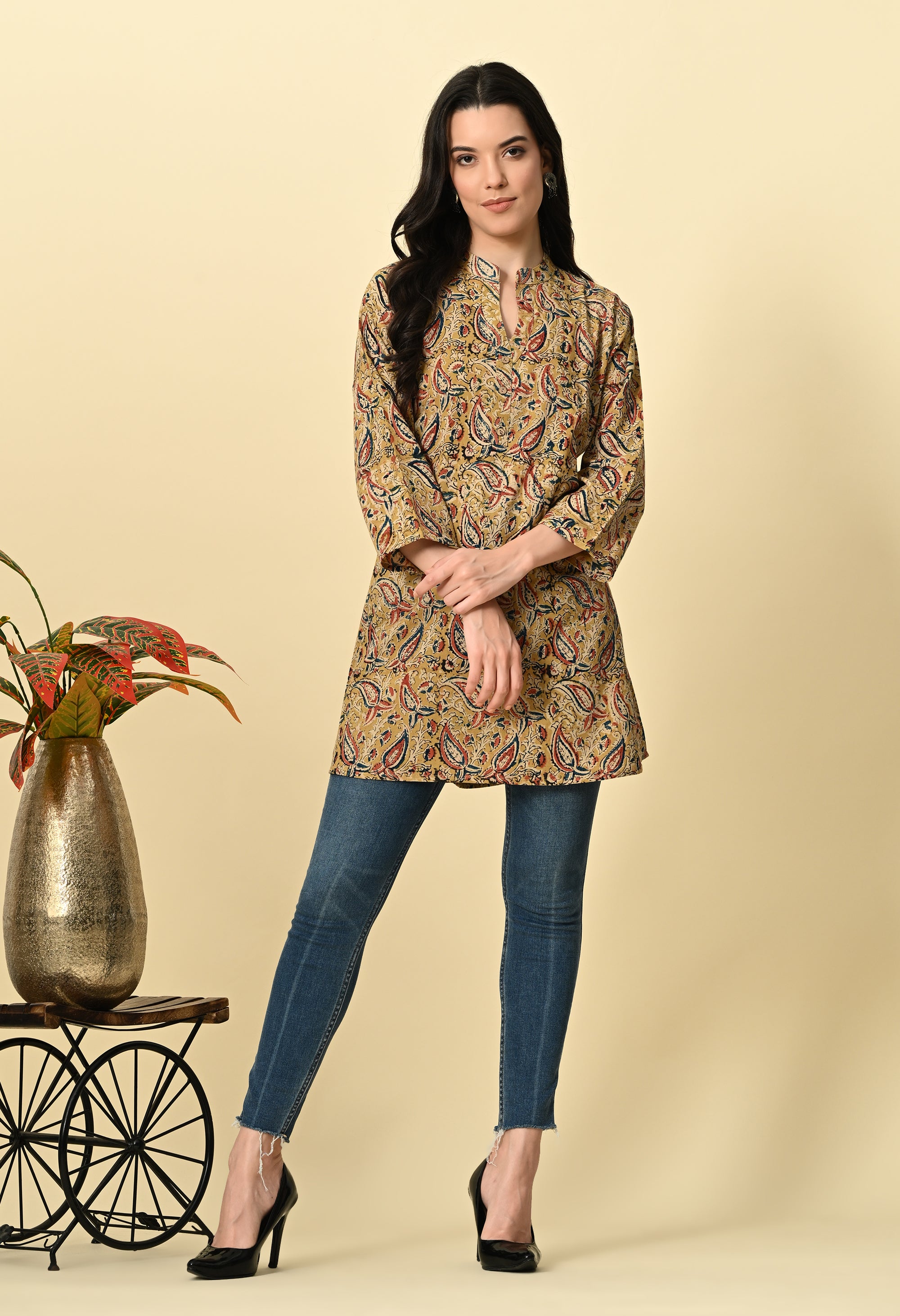 Mustard Kalamkari Short Kurti_1_Trisukh Clothing