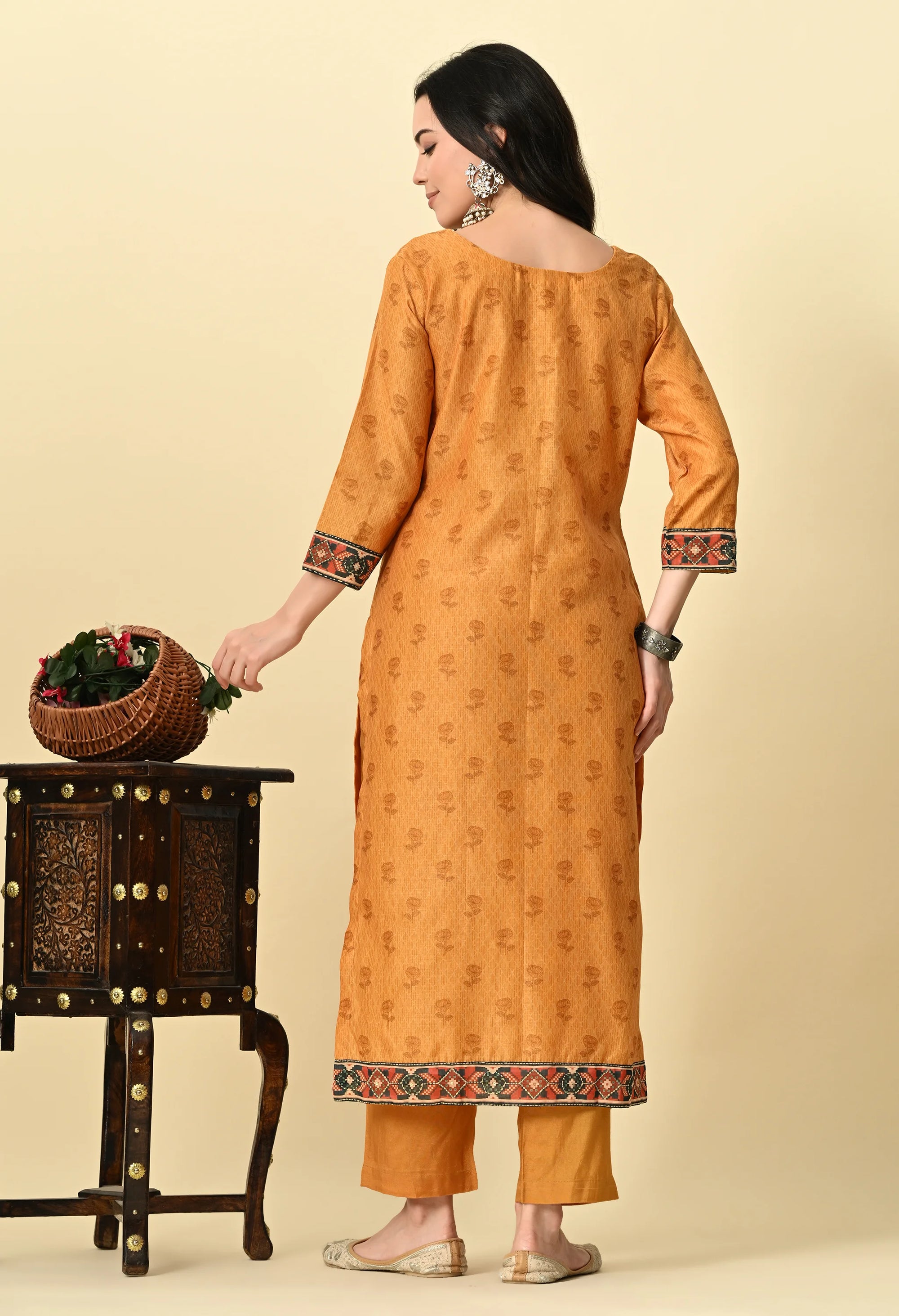 Mustard Yellow Chanderi Print Kurta Set_2_Trisukh Clothing 