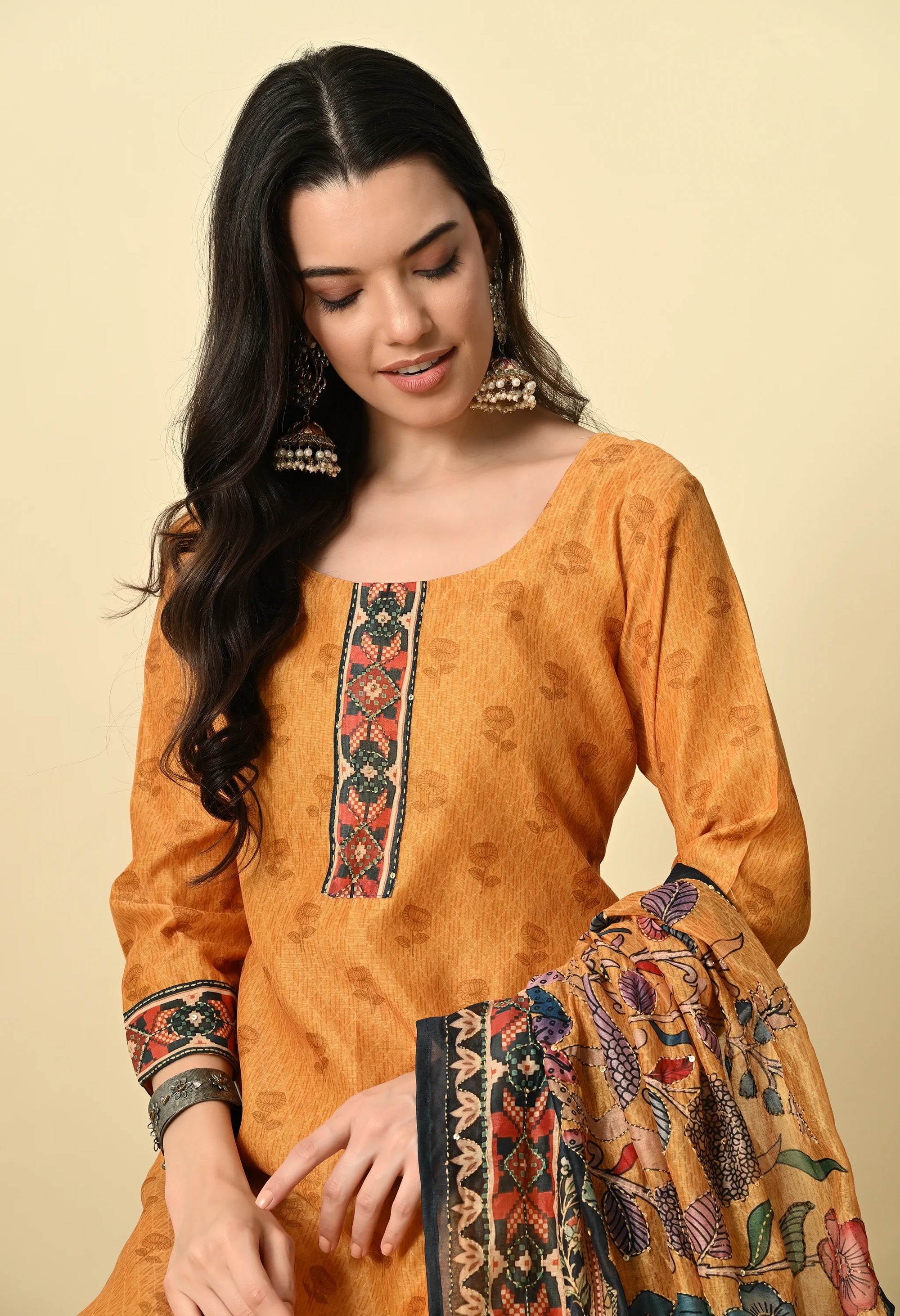 Mustard Yellow Chanderi Print Kurta Set_4_Trisukh Clothing 