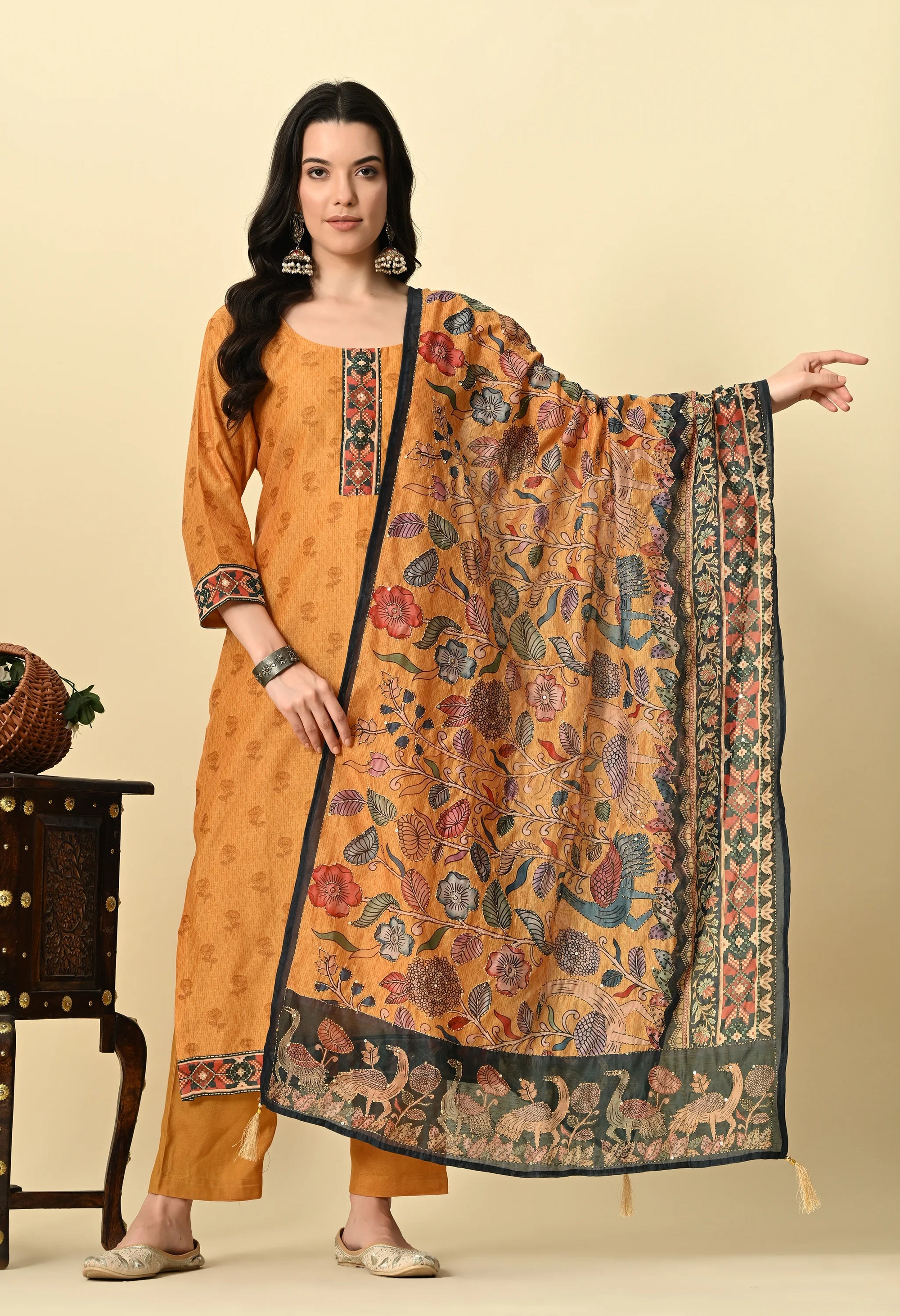 Mustard Yellow Chanderi Print Kurta Set_5_Trisukh Clothing 
