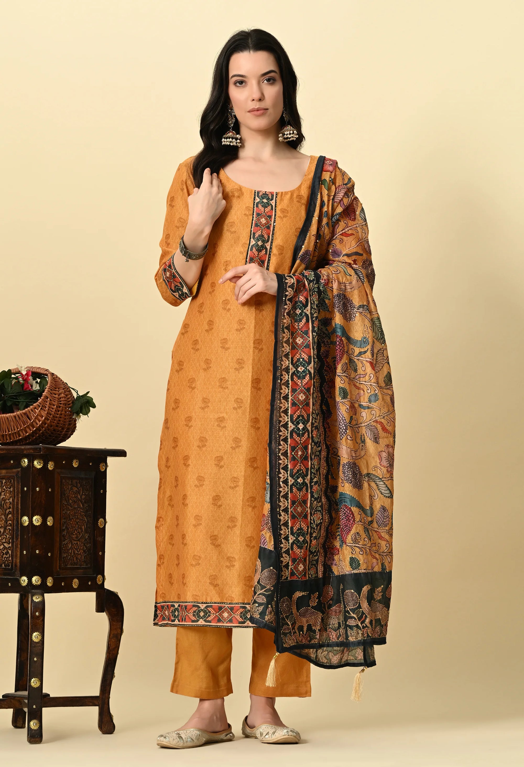 Mustard Yellow Chanderi Print Kurta Set_6_Trisukh Clothing 