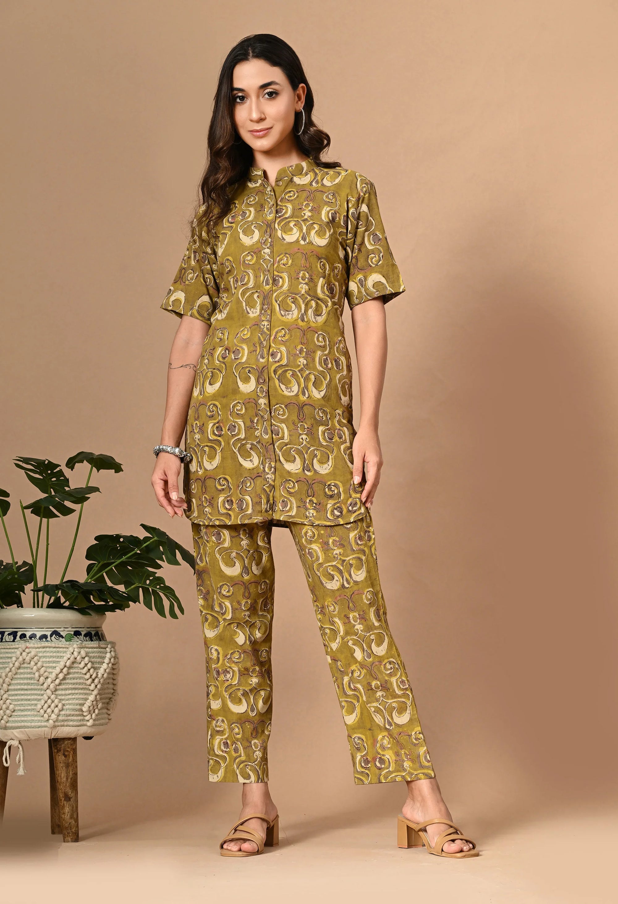 Olive Ajrakh Print Coord Set_4_Trisukh Clothing