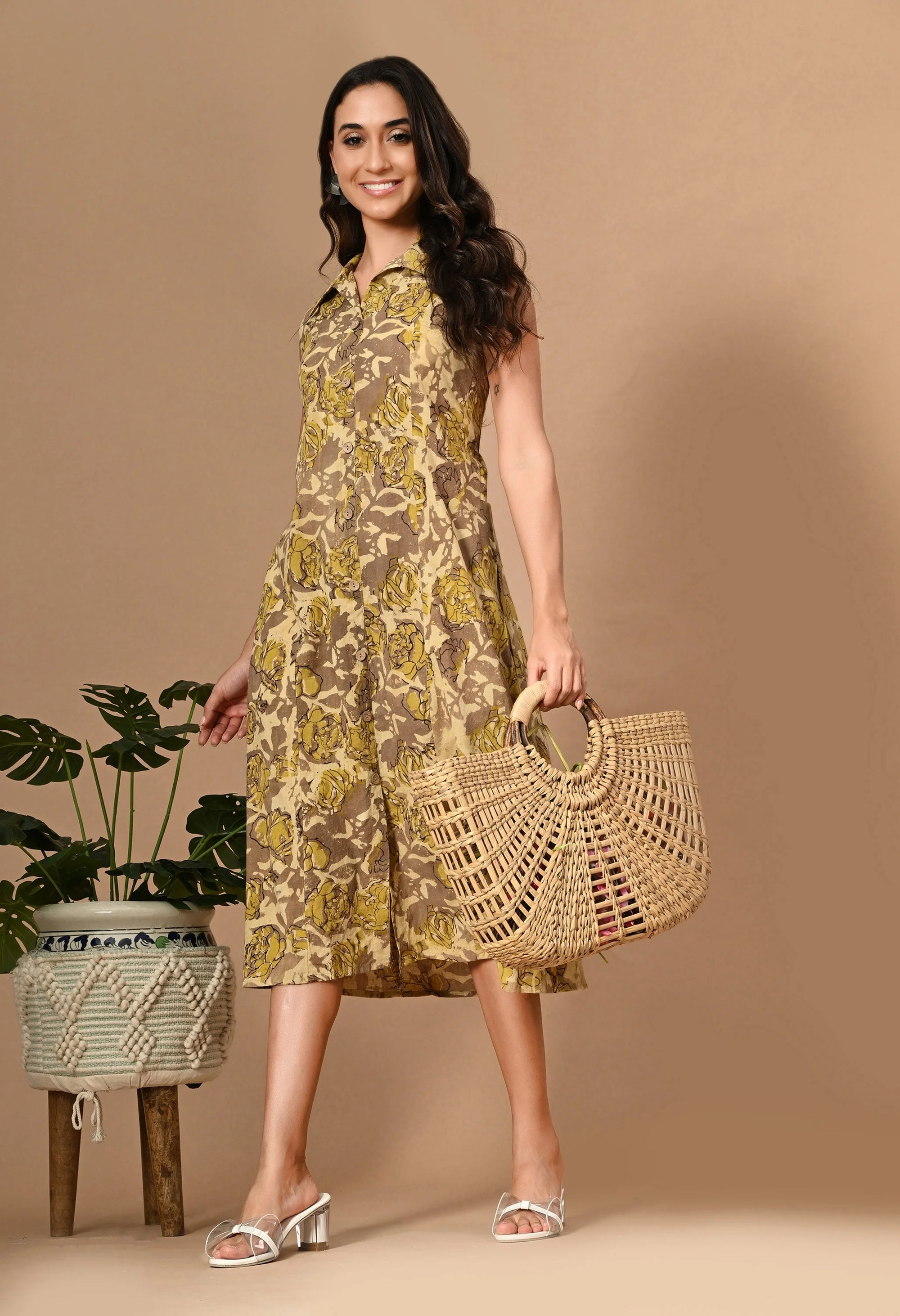 Olive Ajrakh Print Cotton Dress_1_Trisukh Clothing 