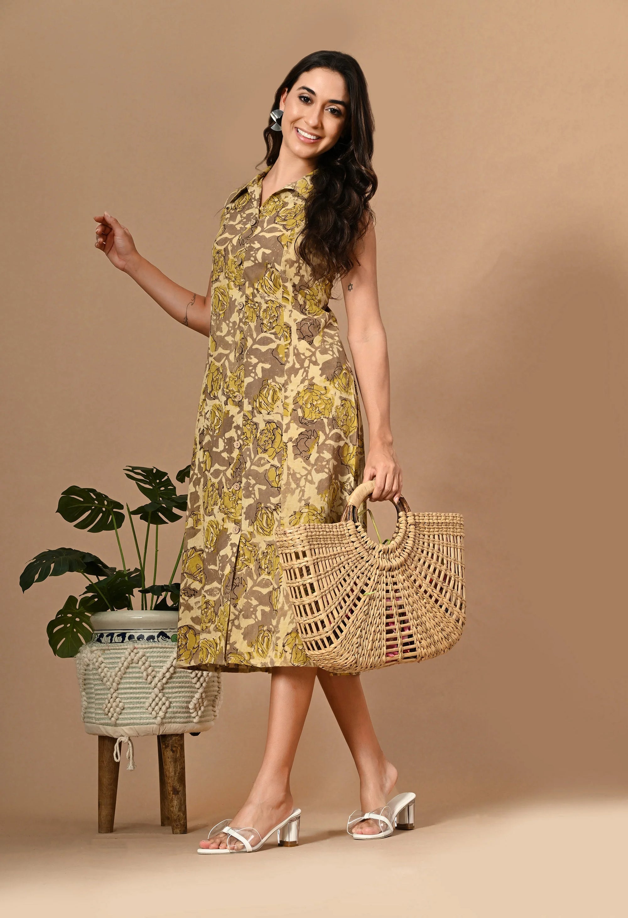 Olive Ajrakh Print Cotton Dress_2_Trisukh Clothing 