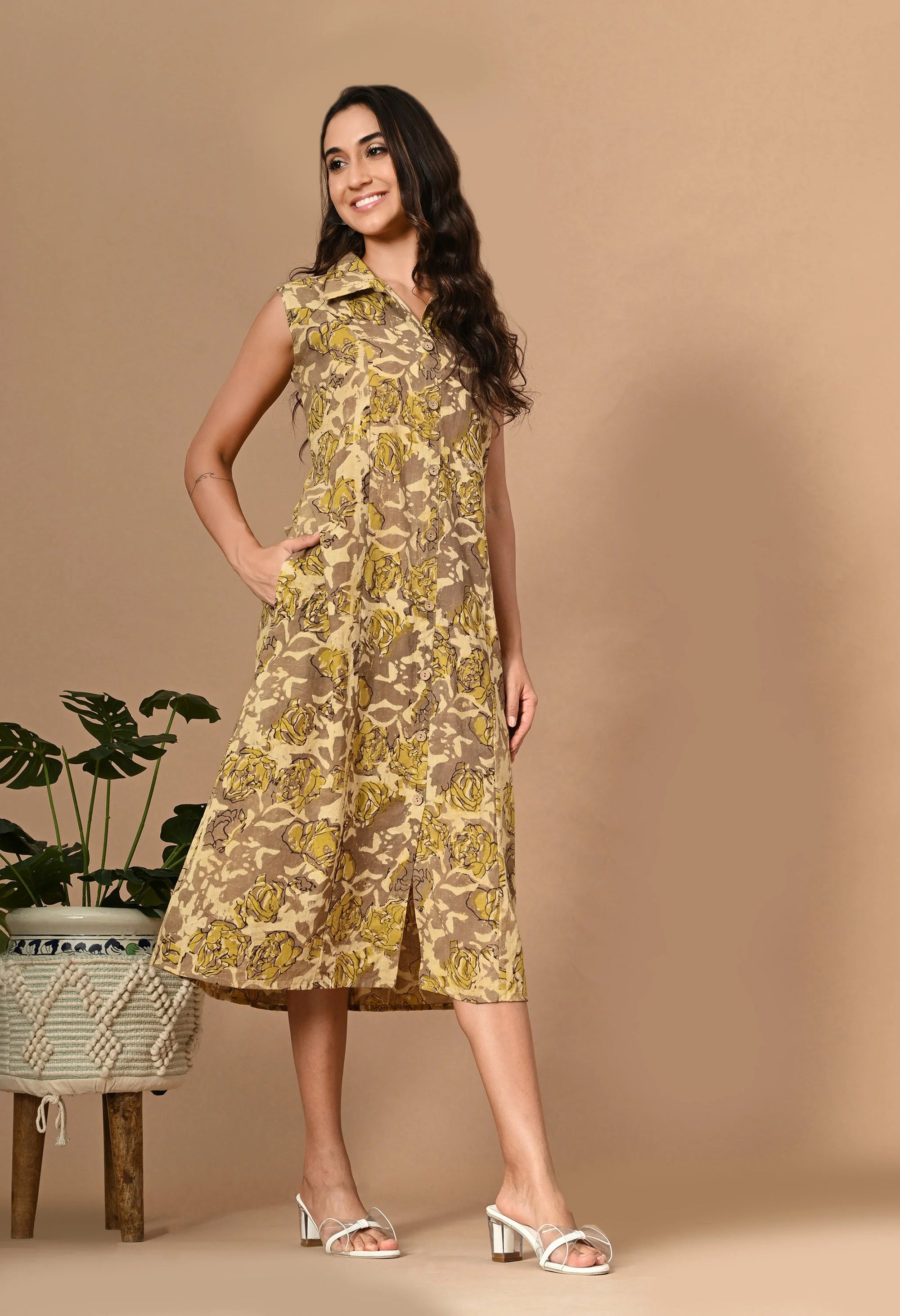 Olive Ajrakh Print Cotton Dress_3_Trisukh Clothing 