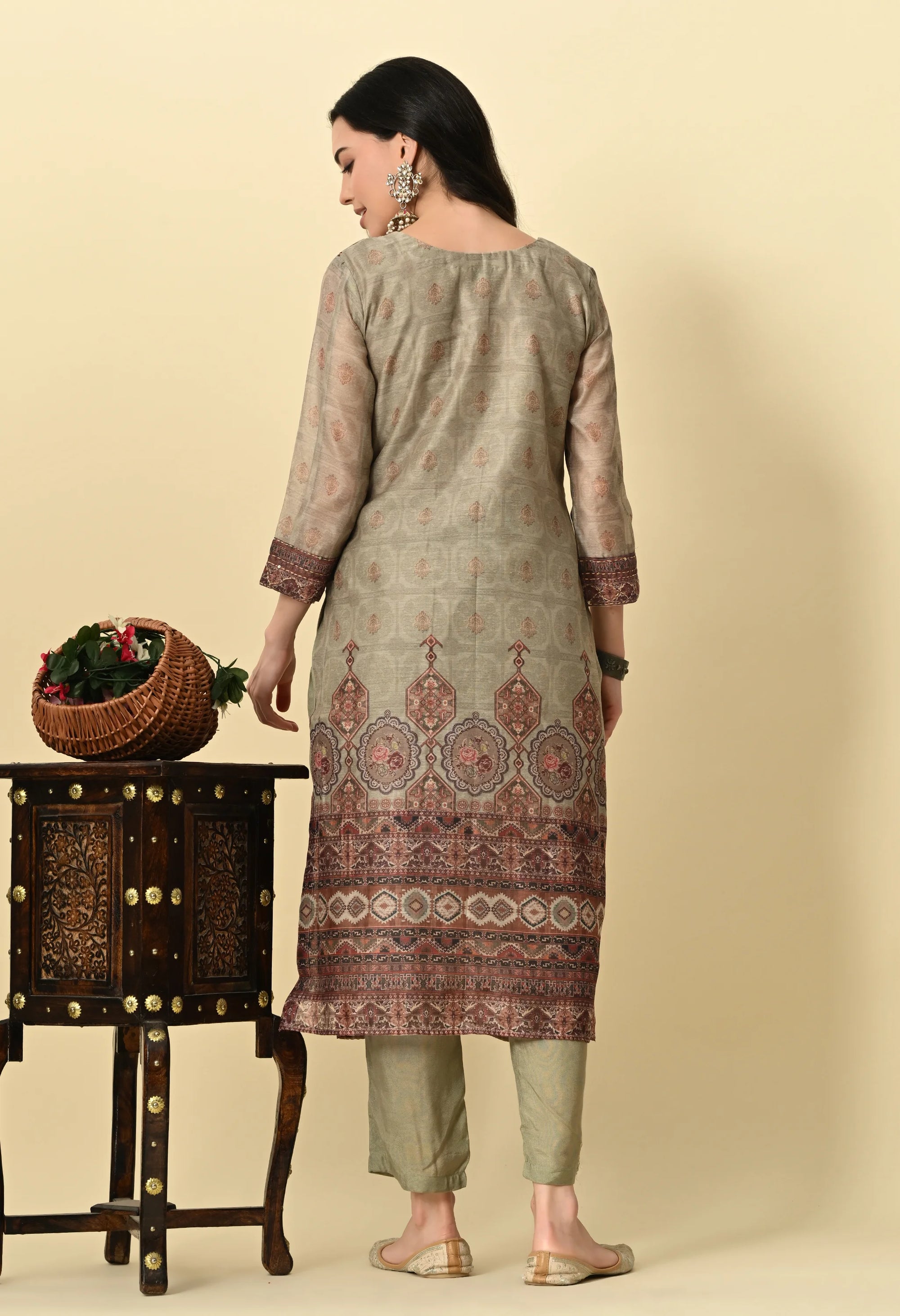 Olive Green Chanderi Print Kurta Set_4_Trisukh Clothing
