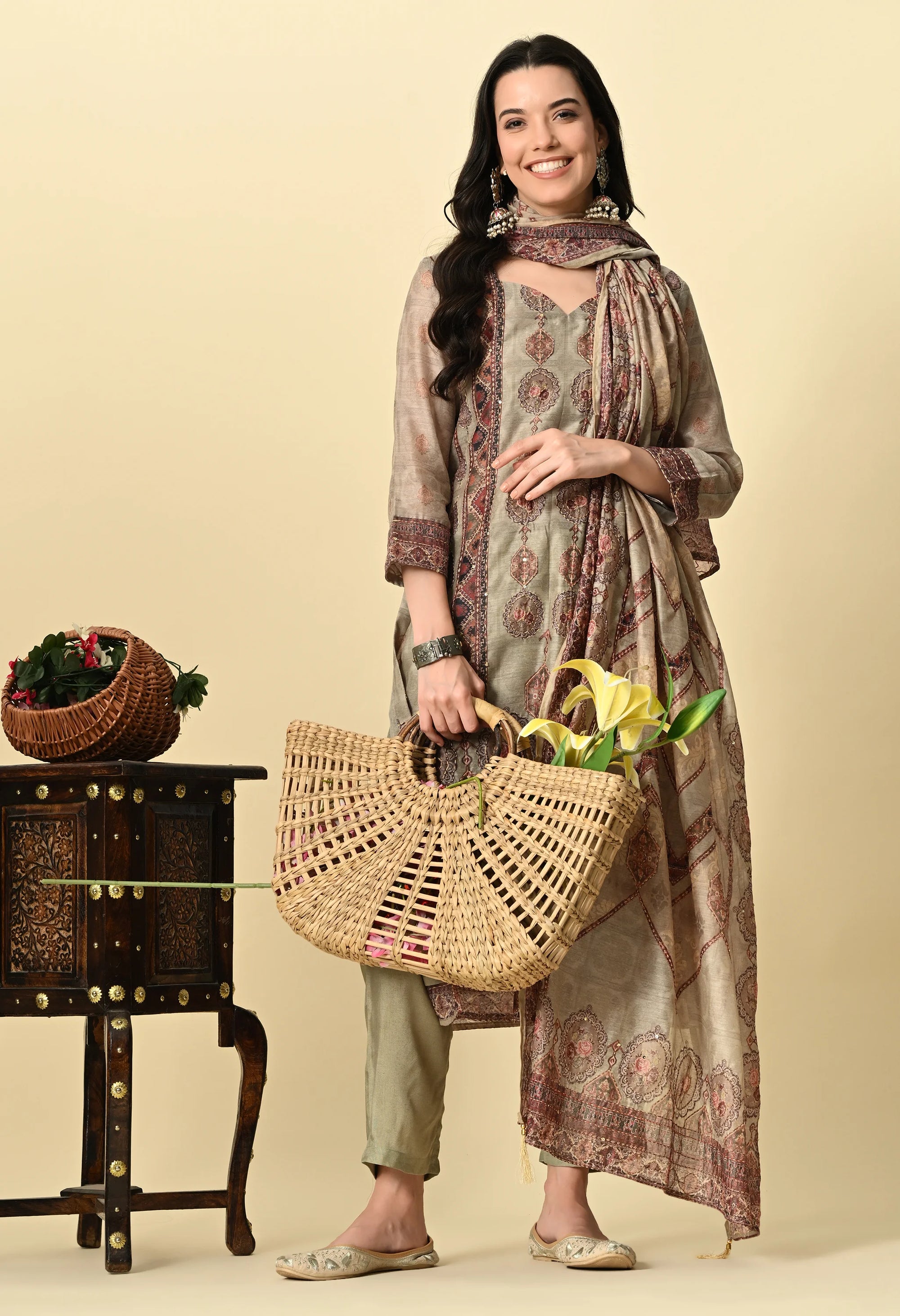 Olive Green Chanderi Print Kurta Set_5_Trisukh Clothing