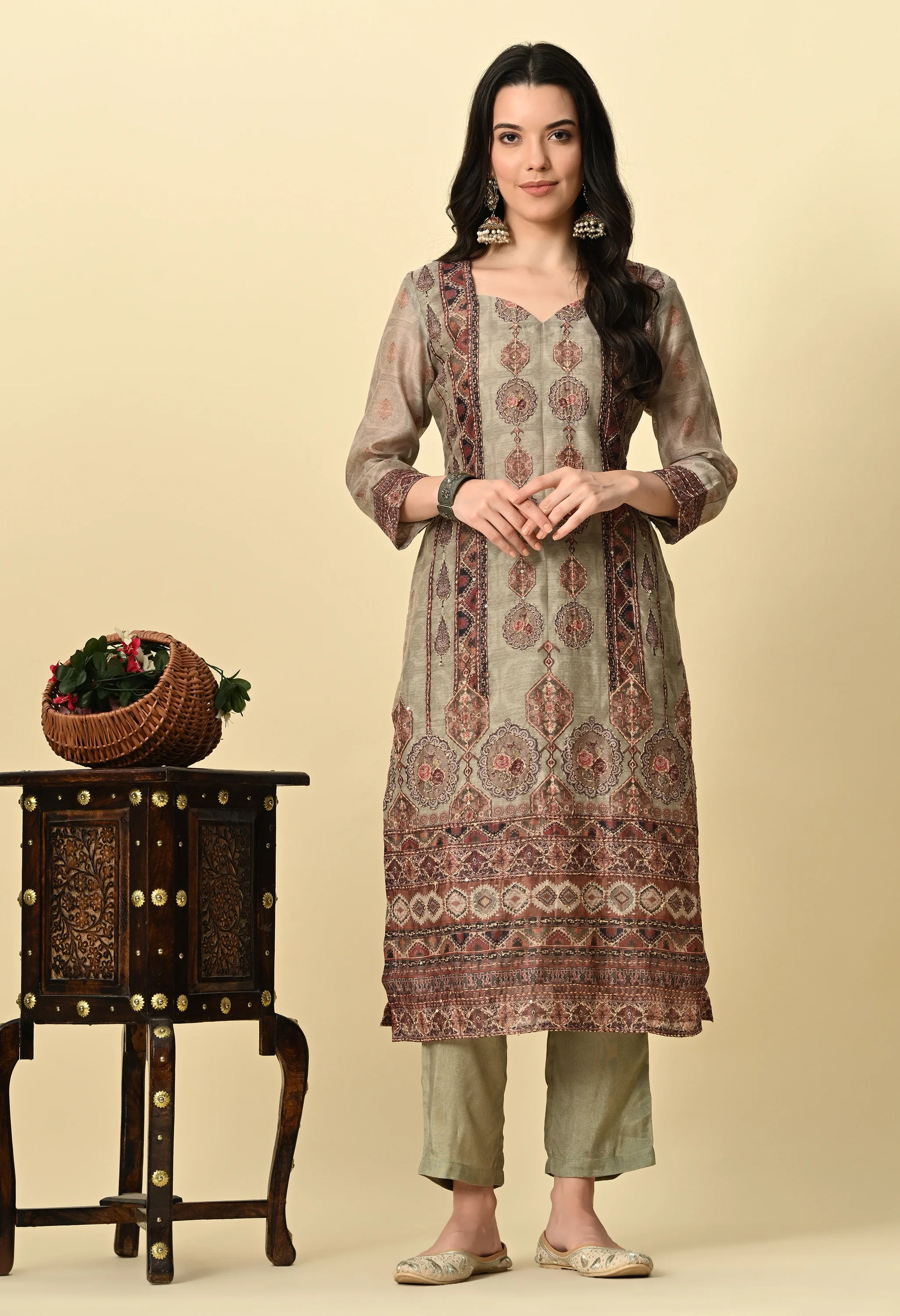 Olive Green Chanderi Print Kurta Set_7_Trisukh Clothing 