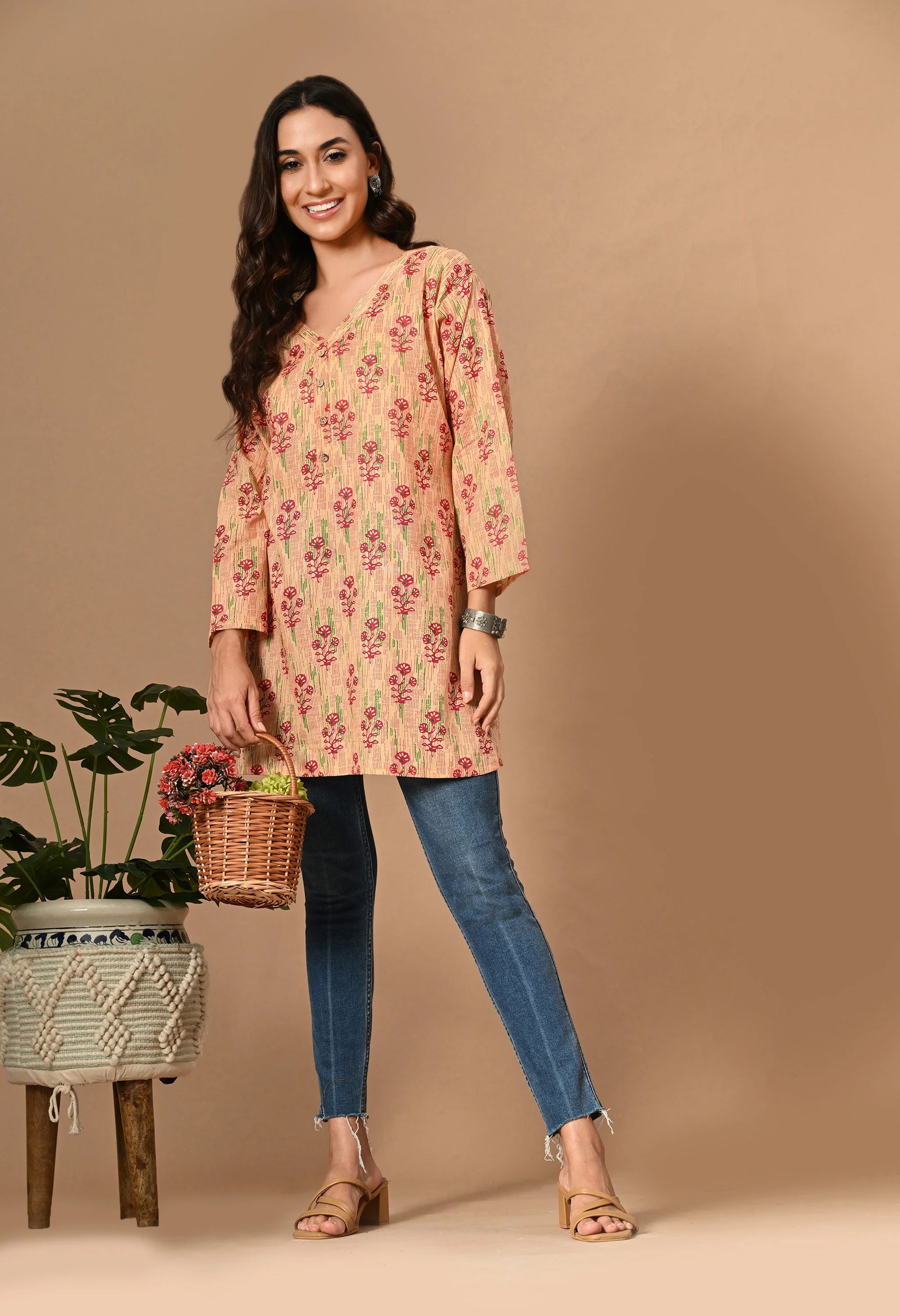 Peach Floral Print Cotton Kurti_1_Trisukh Clothing