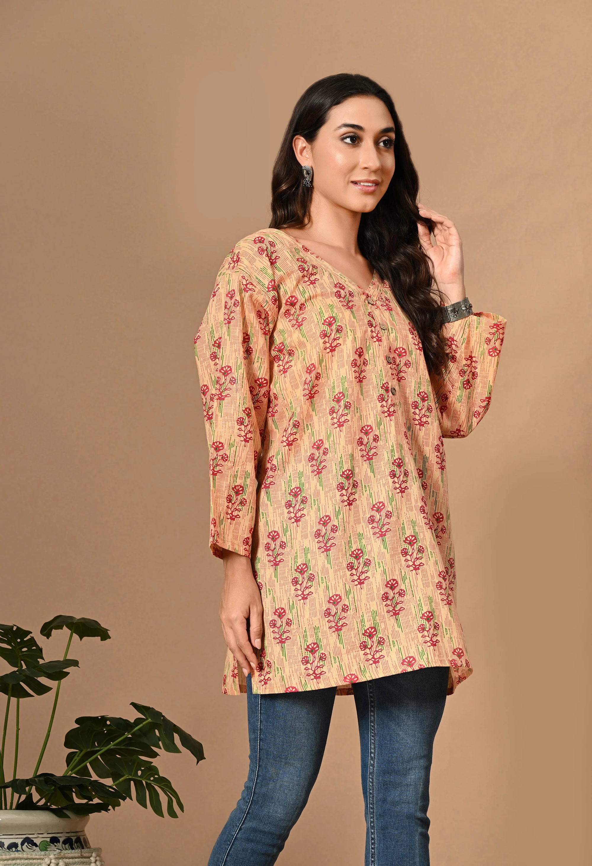 Peach Floral Print Cotton Kurti_2_Trisukh Clothing 