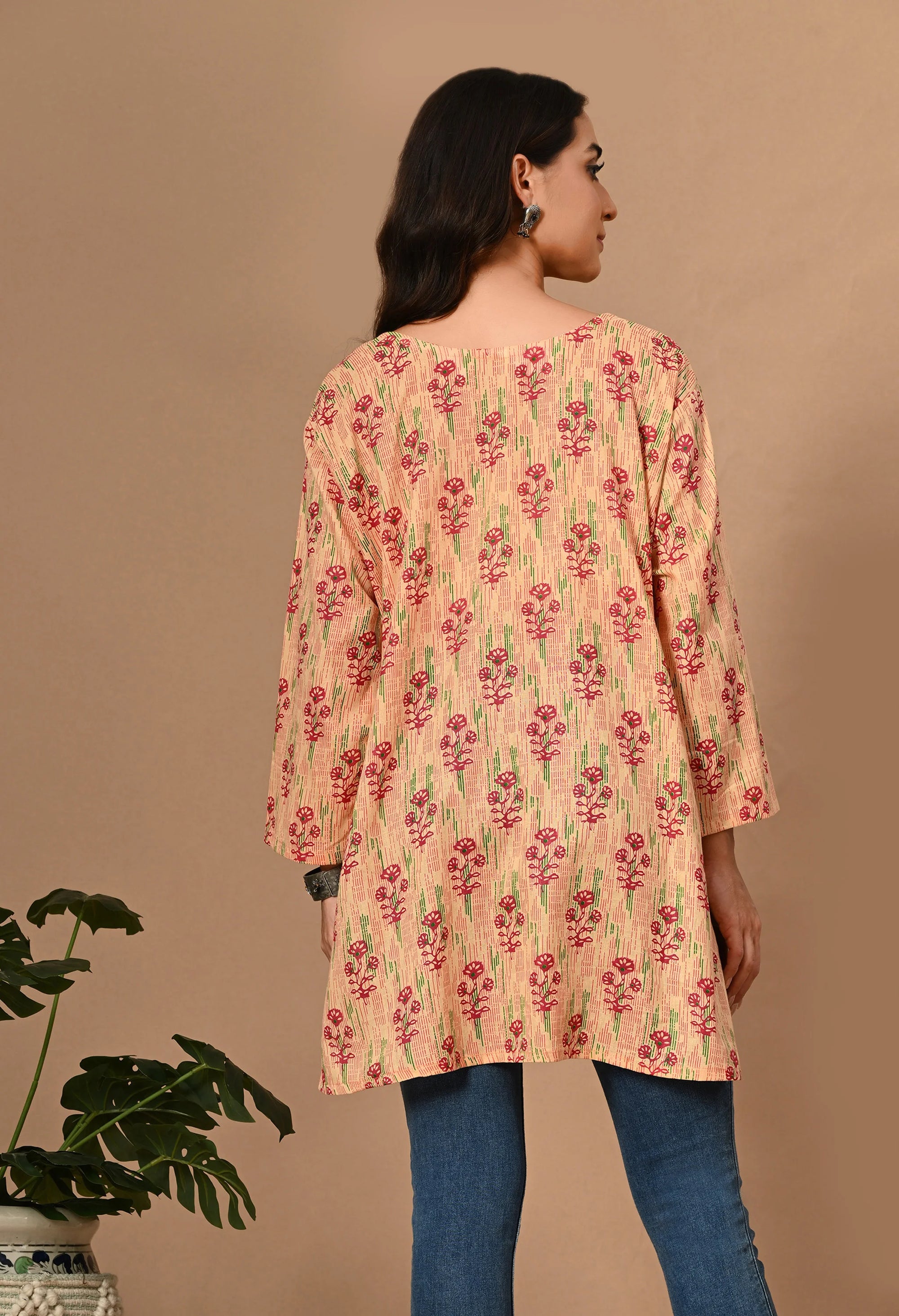 Peach Floral Print Cotton Kurti_3_Trisukh Clothing 