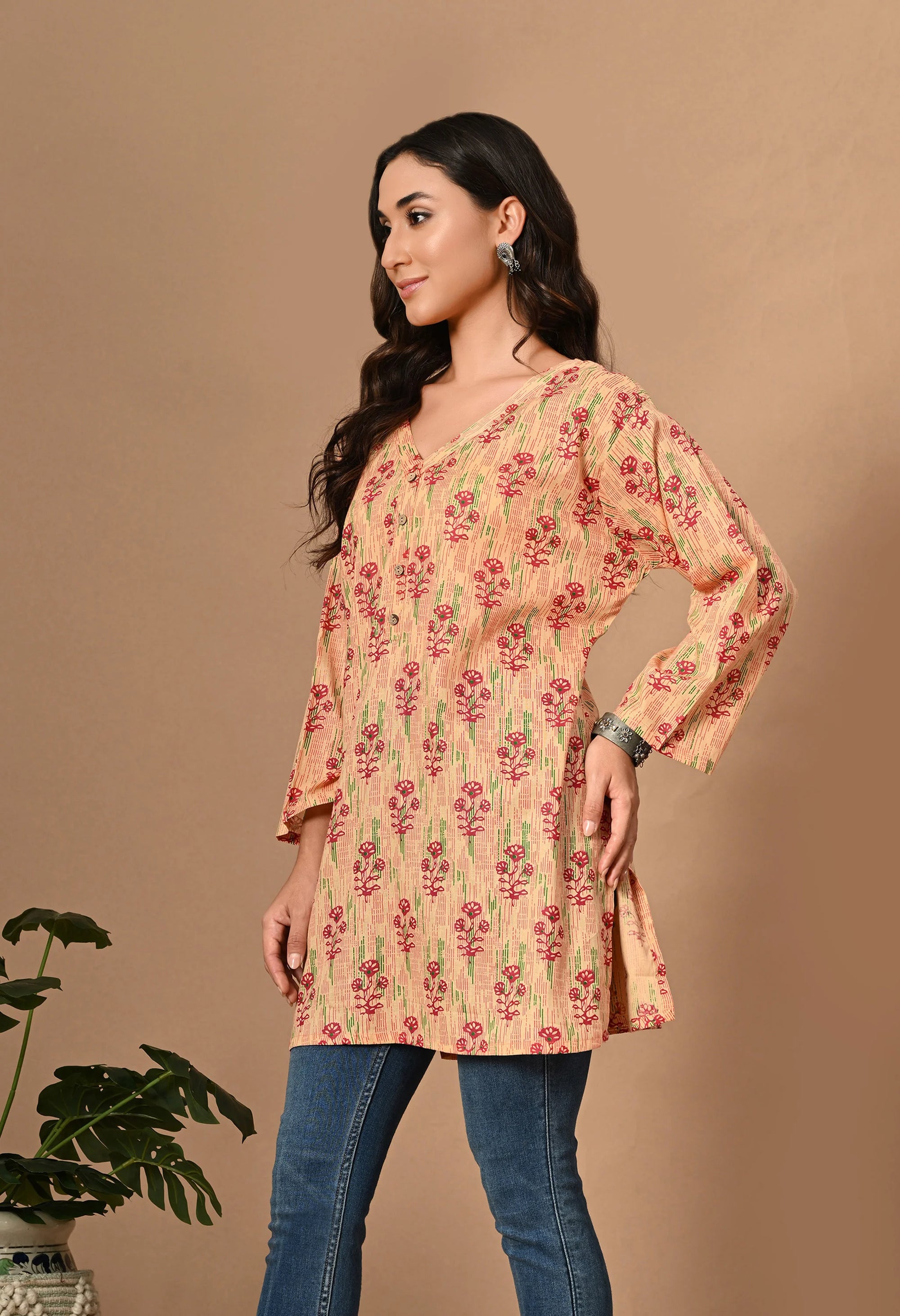 Peach Floral Print Cotton Kurti_4_Trisukh Clothing 