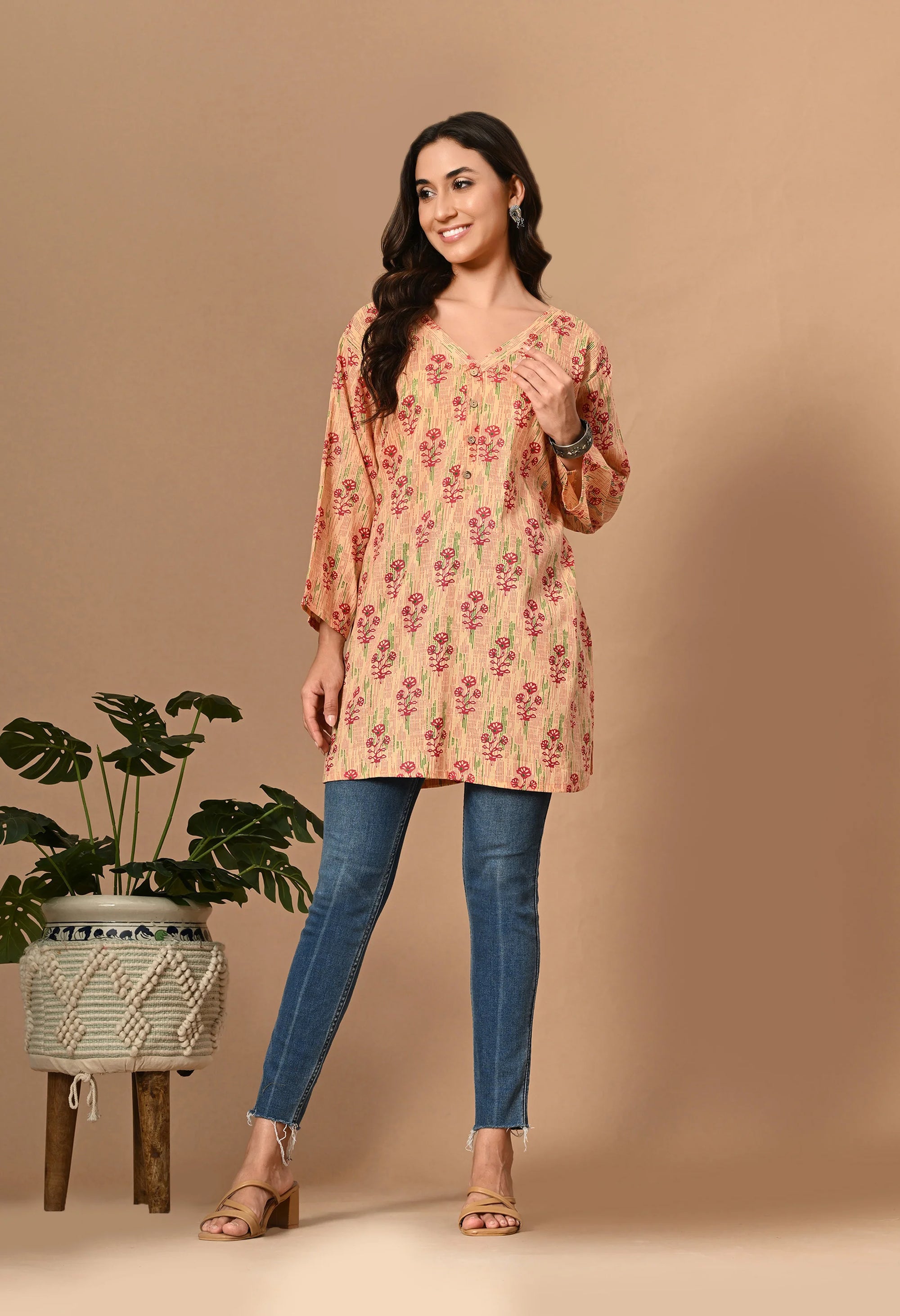 Peach Floral Print Cotton Kurti_5_Trisukh Clothing 