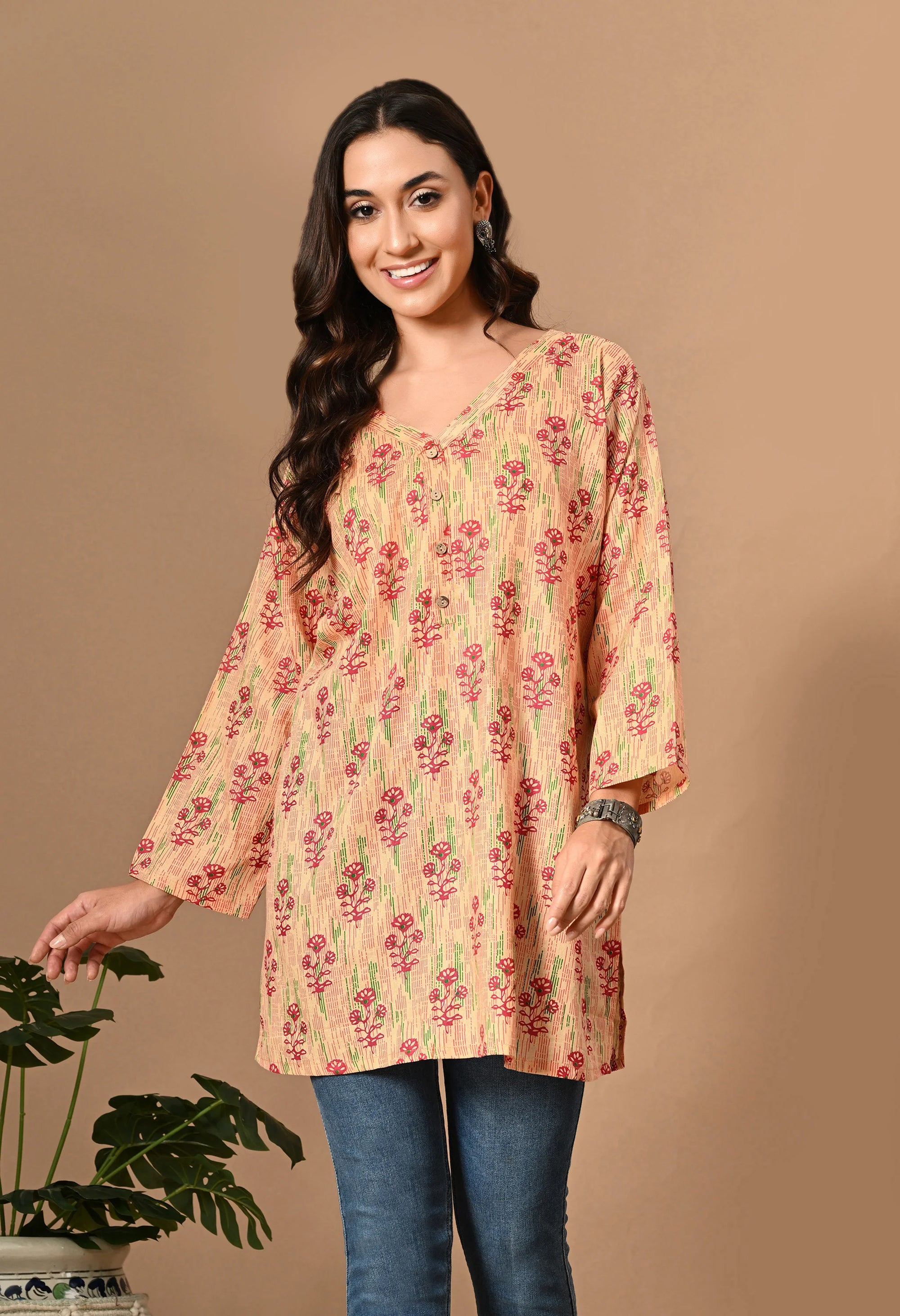 Peach Floral Print Cotton Kurti_6_Trisukh Clothing 