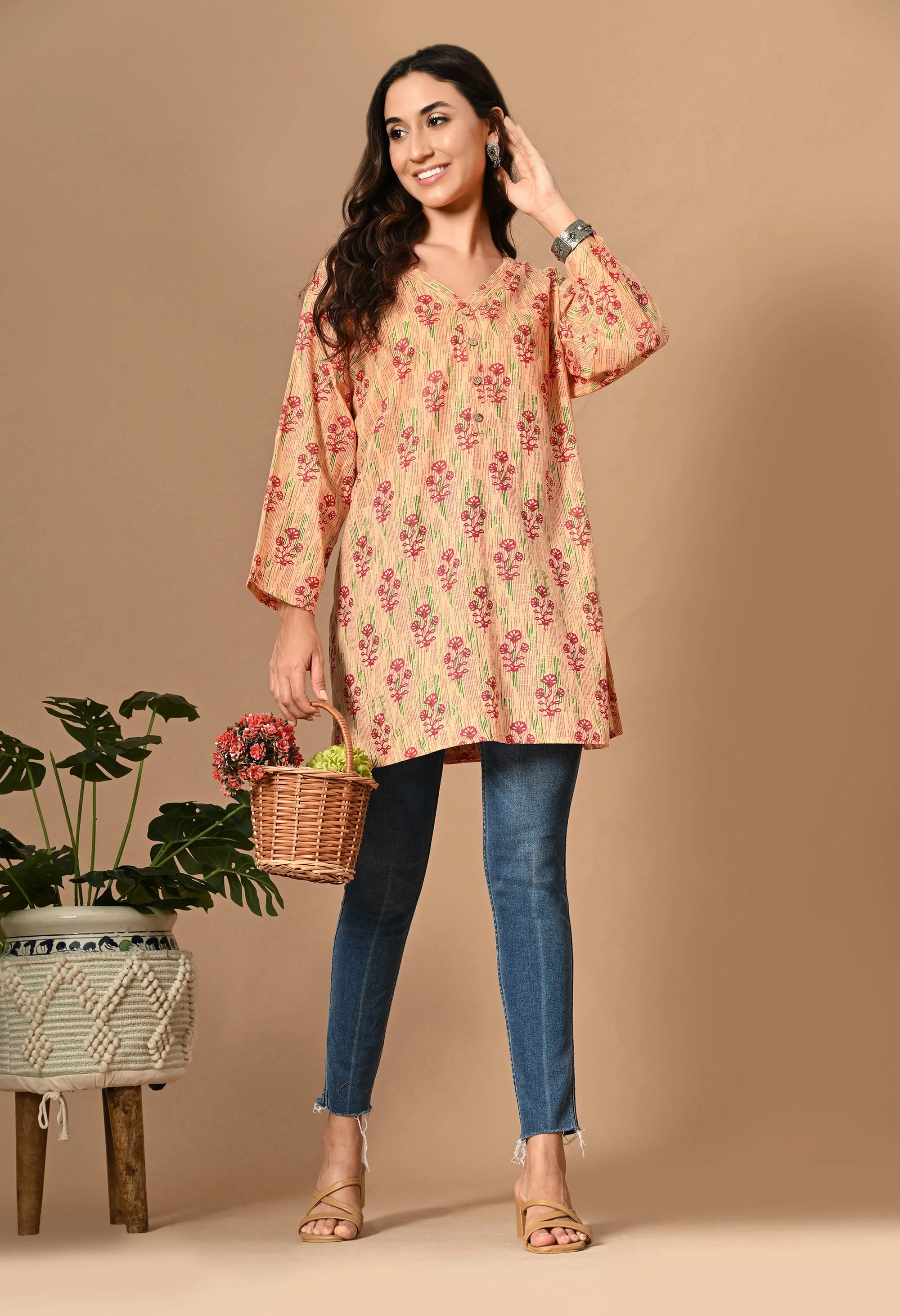 Peach Floral Print Cotton Kurti_7_Trisukh Clothing
