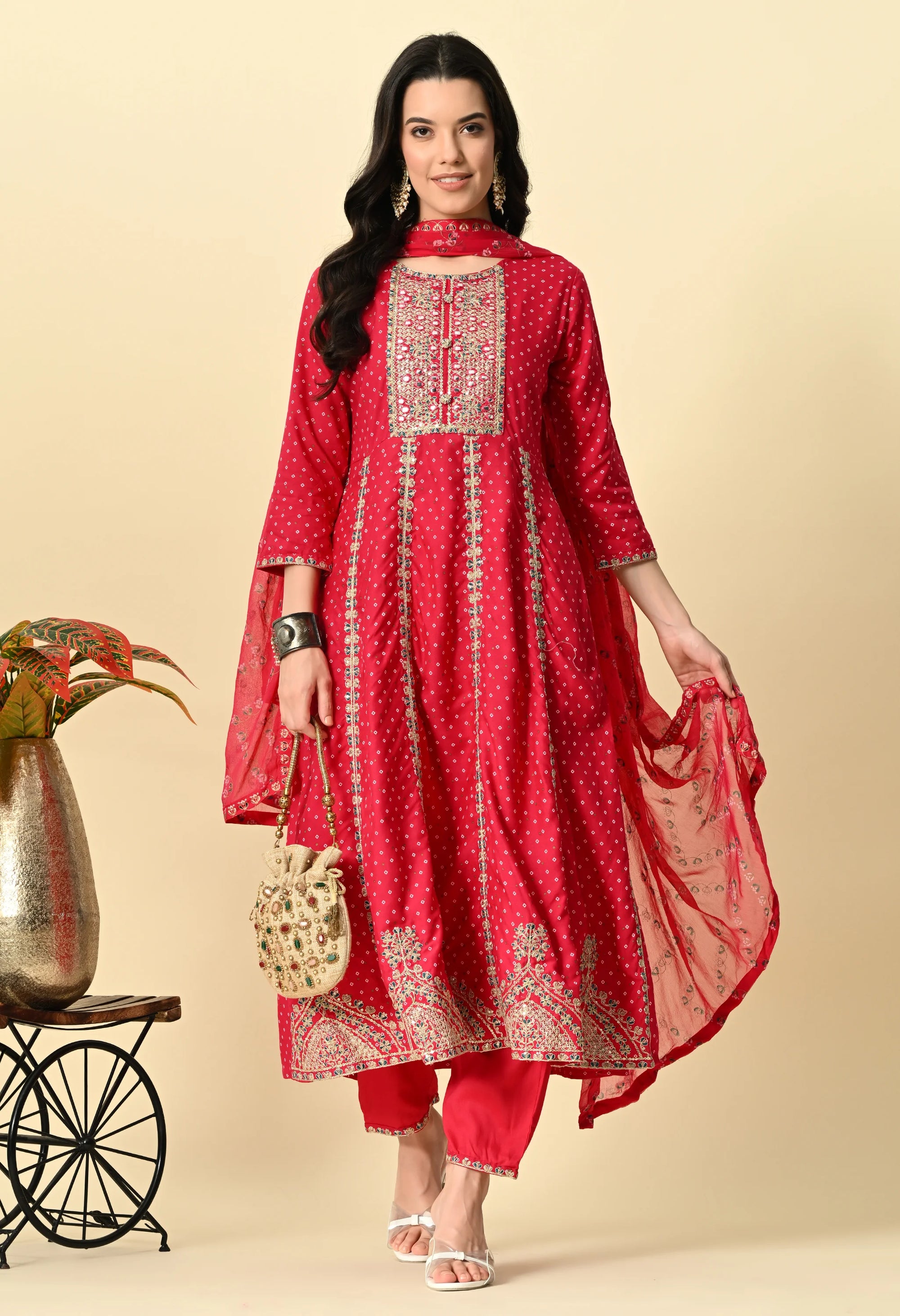 Red Anarkali Kurta Set_1_Trisukh Clothing 