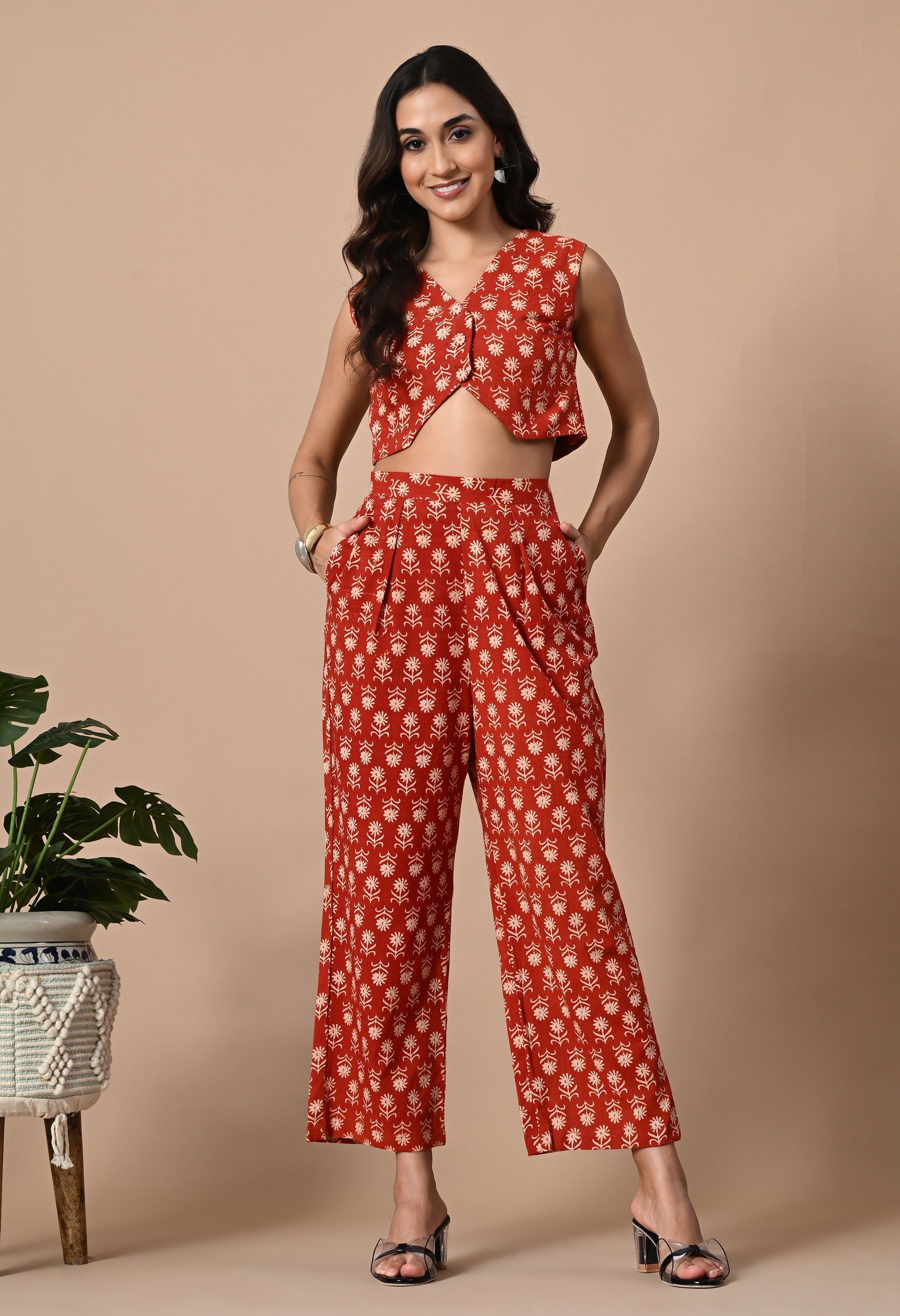 Red Block Print Waistcoat and Pant Set_1_Trisukh Clothing