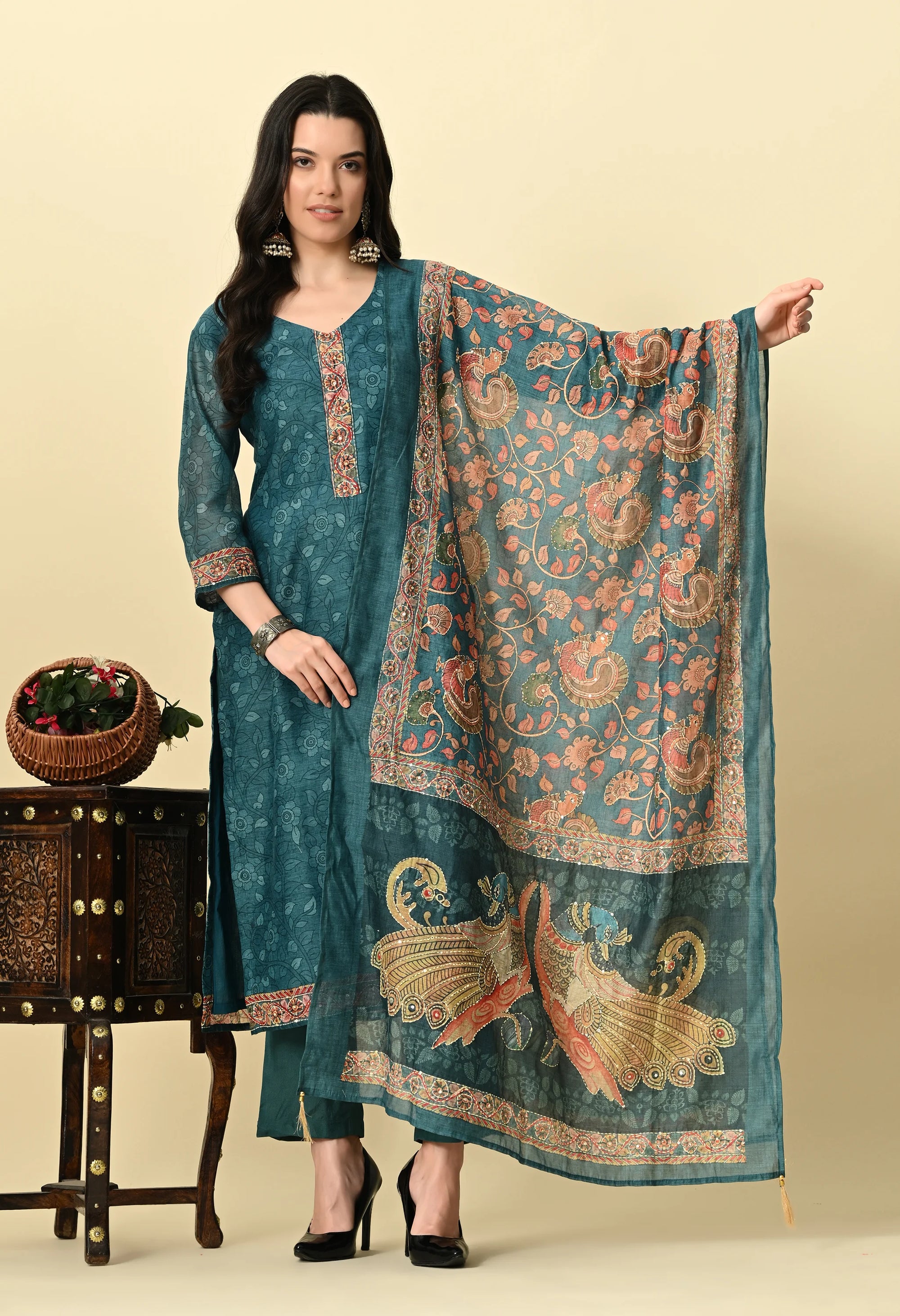 Teal Green Chanderi Kurta Set_1_Trisukh Clothing 