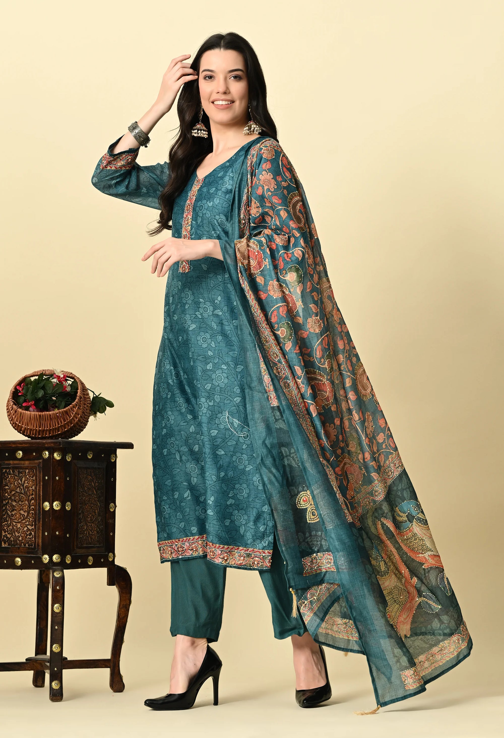 Teal Green Chanderi Kurta Set_2_Trisukh Clothing 